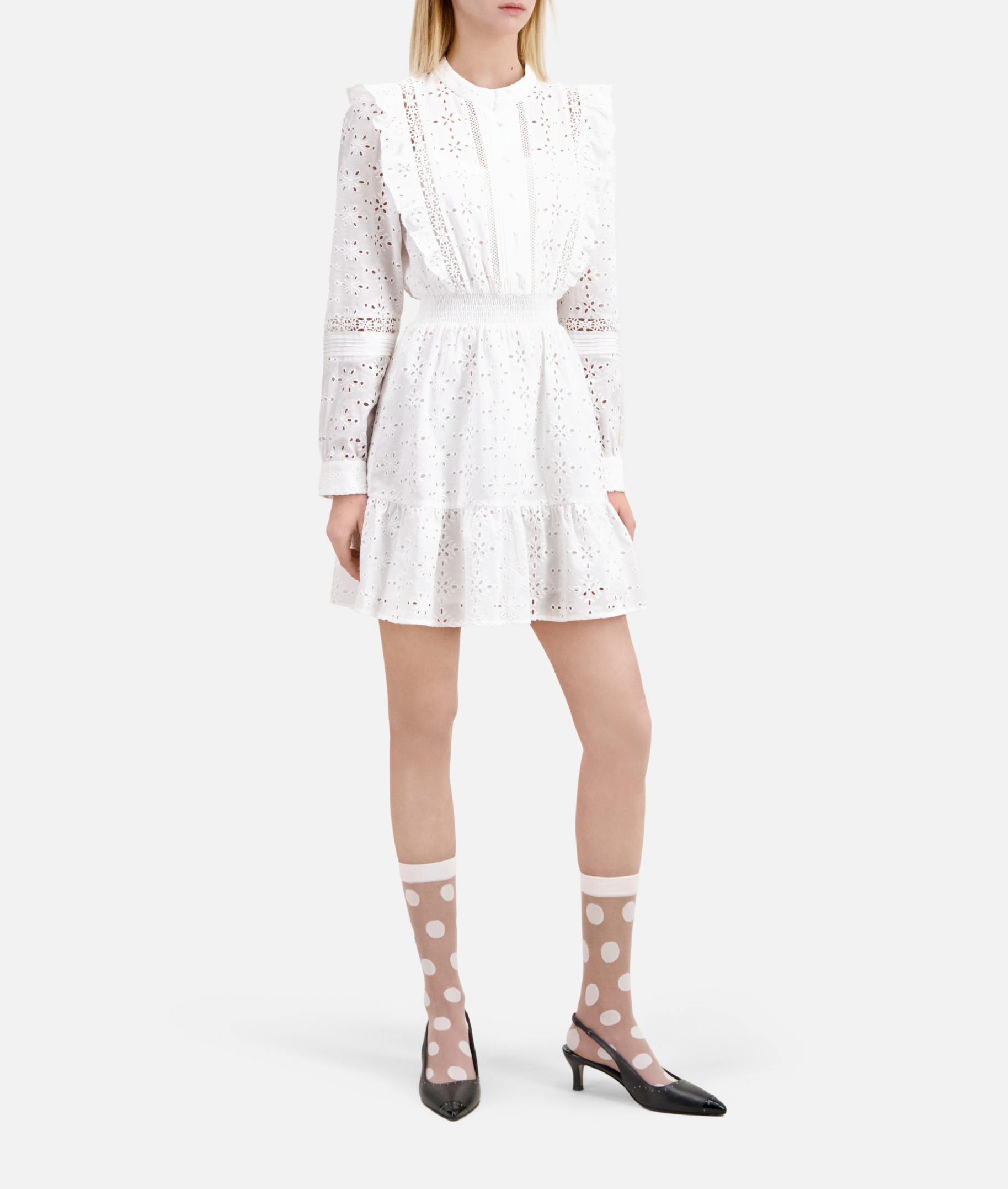 Robe courte brodée à volants en coton THE KOOPLES Blanc