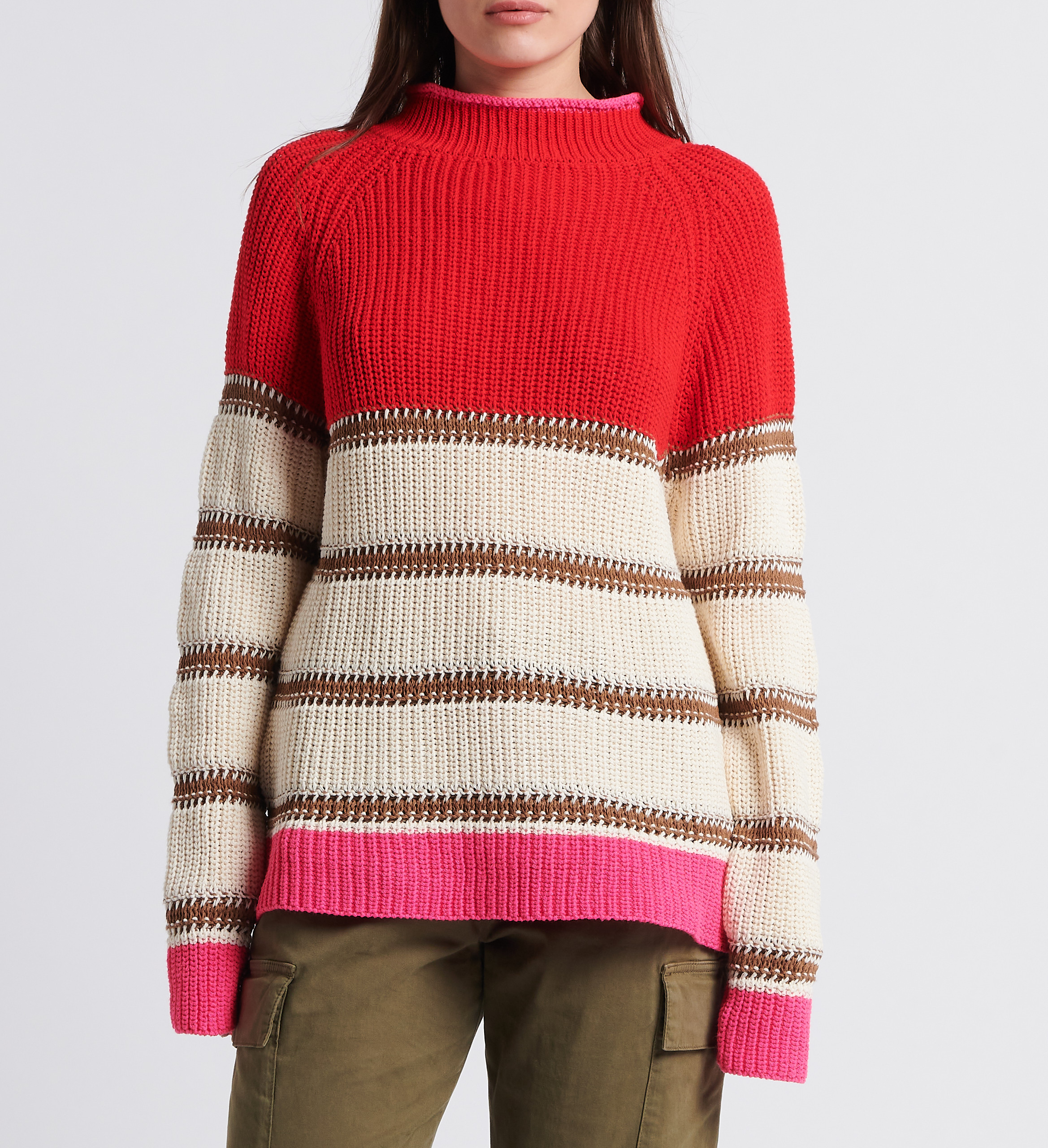 Striped high-neck cotton-blend mixed-knit sweater DR BLOOM Pink