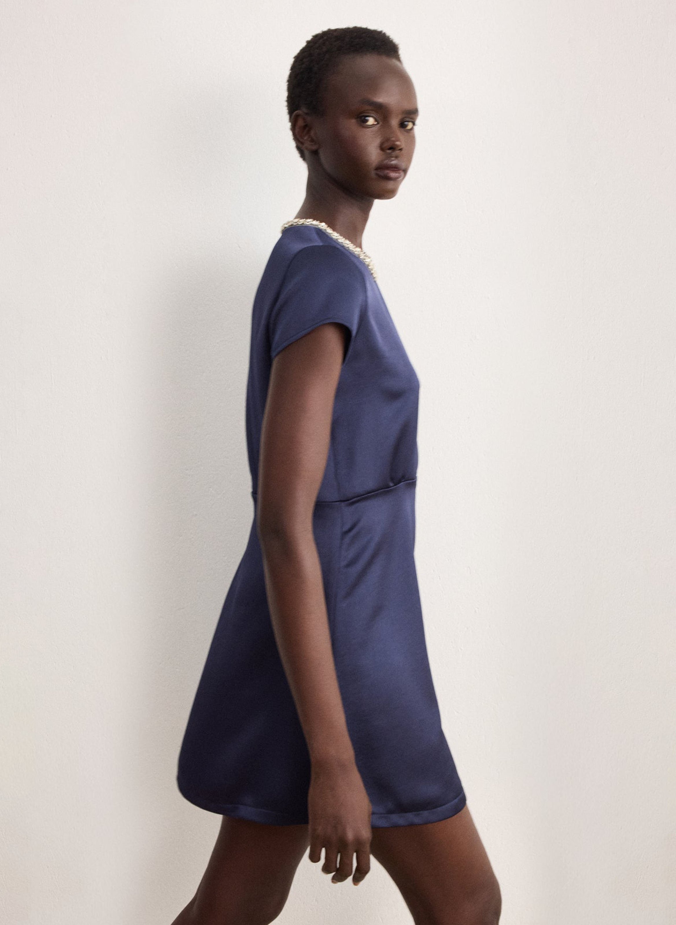 Short dress with rhinestone collar in satin PABLO Blue