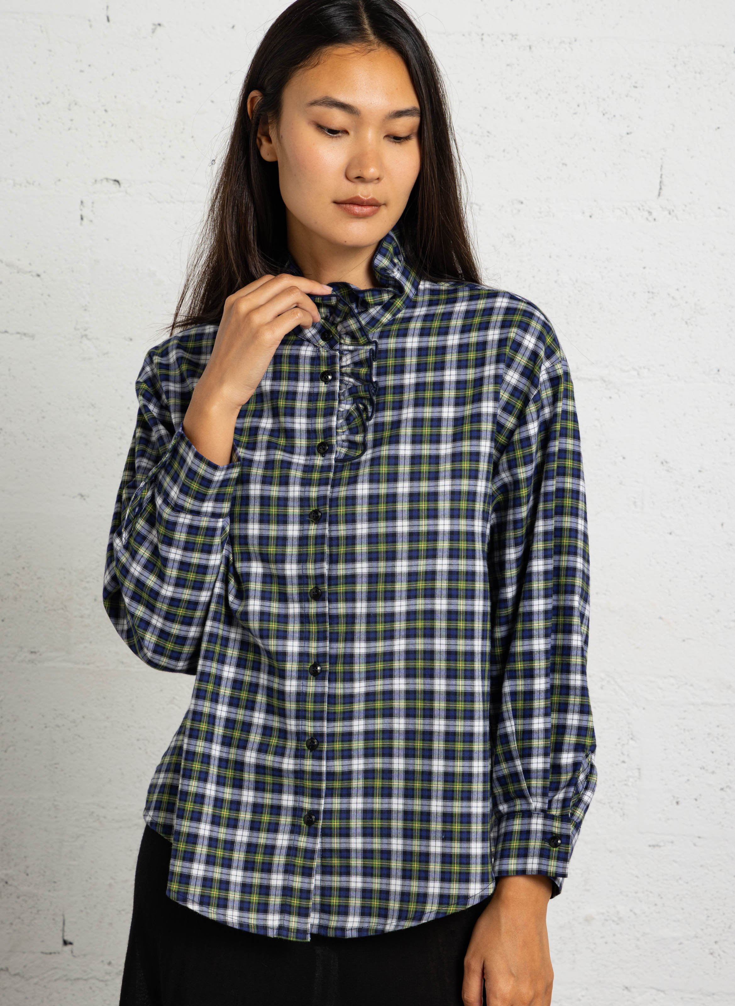 Checked cotton Victorian collar straight top SUZIE WINKLE Blue