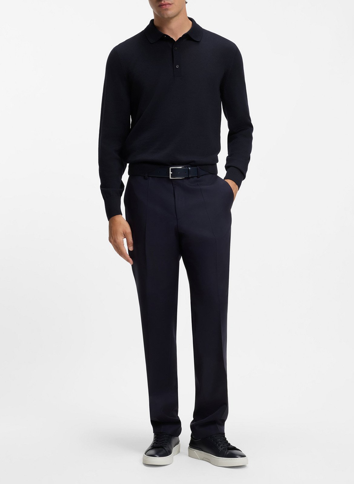 Polo manches longues uni en laine BOSS Bleu