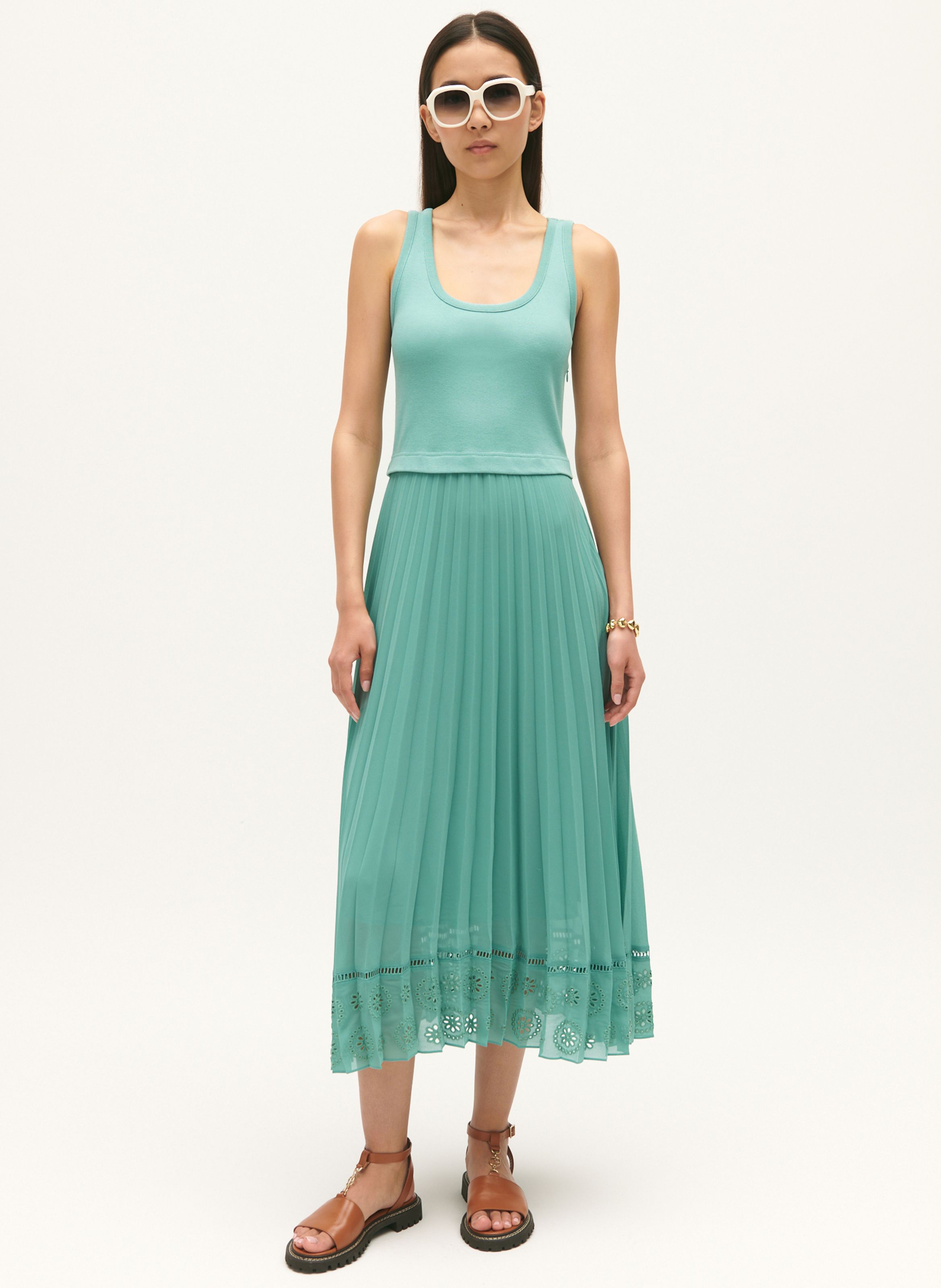 Round neck Pleated Organic Cotton Midi Dress Vert D Eau Claudie