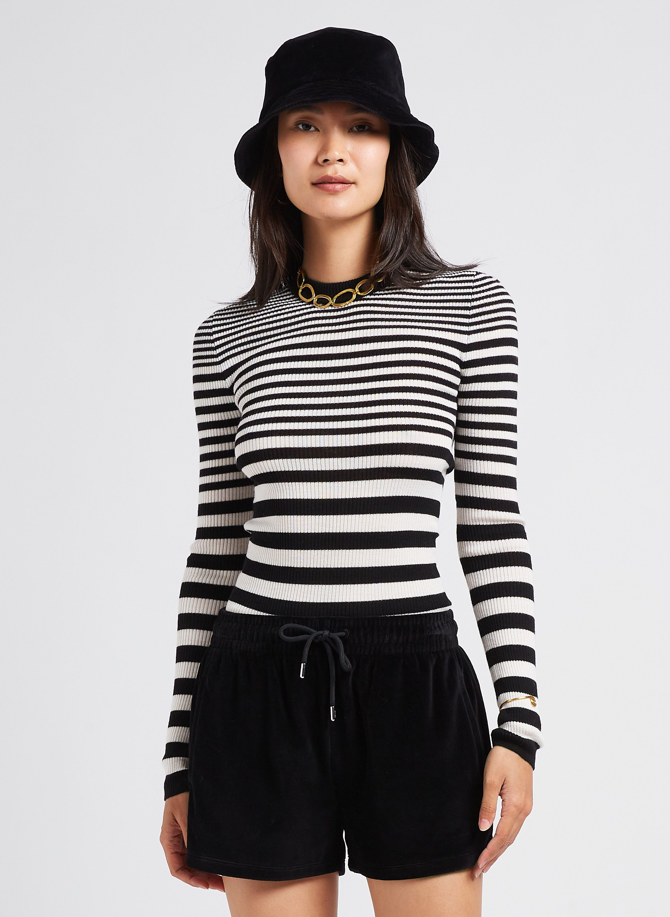 Pull Col Rond Rayures En Laine Raye Noir blanc Sonia Rykiel