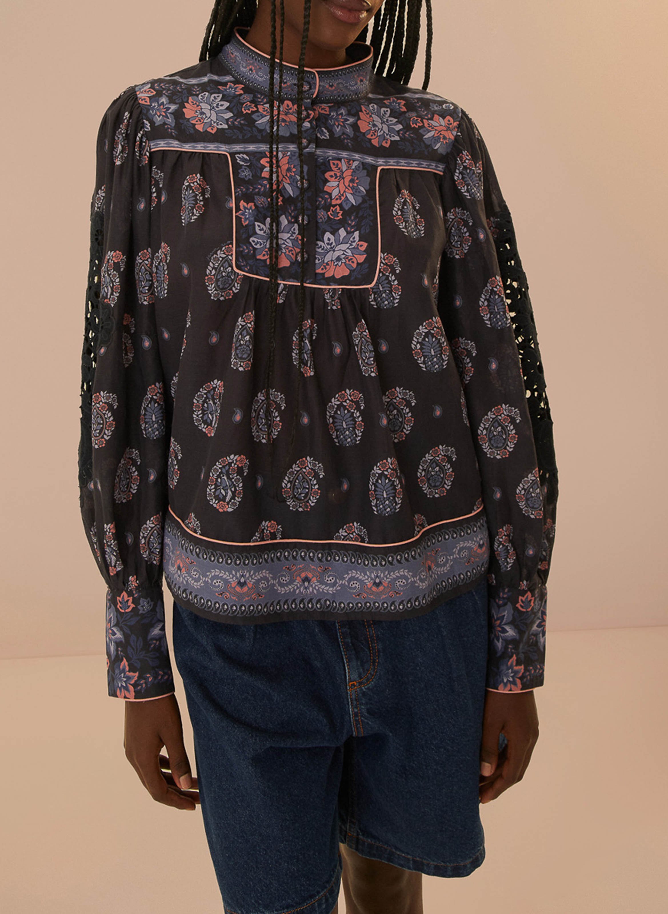 Straight high-neck cotton printed blouse FARM RIO Blue