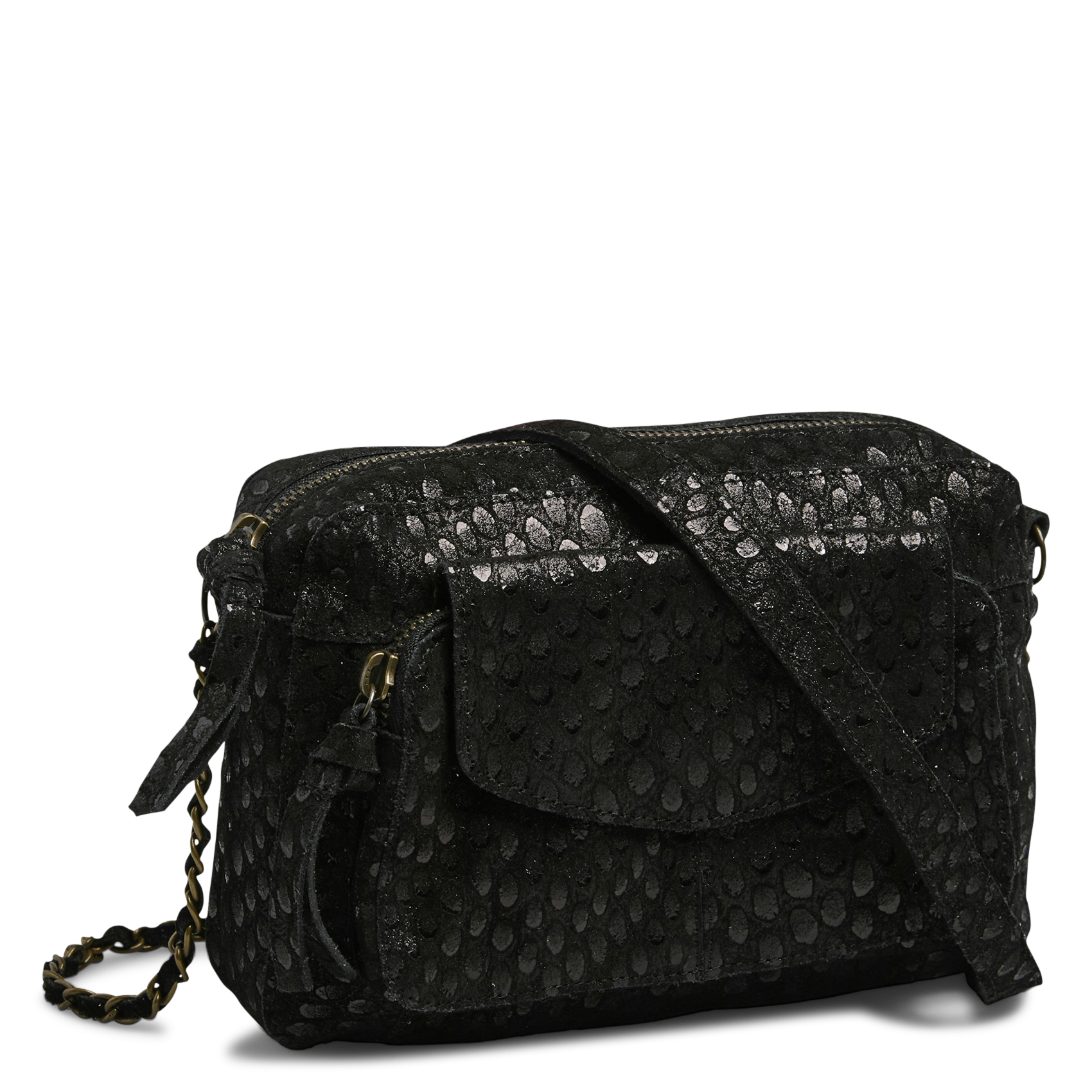 Shiny jacquard leather crossbody bag PIECES Black