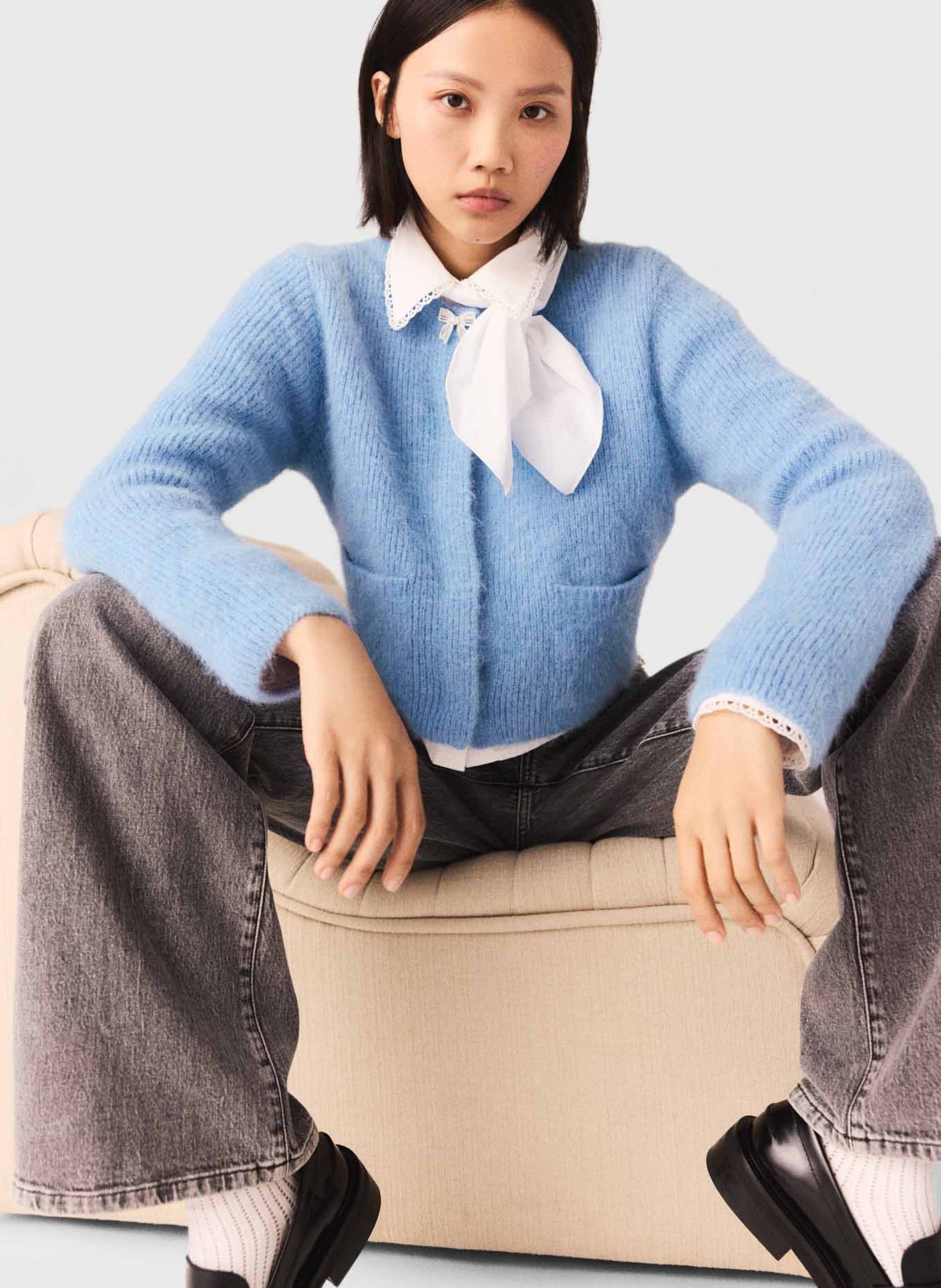 Cardigan droit col rond en maille MAJE Bleu