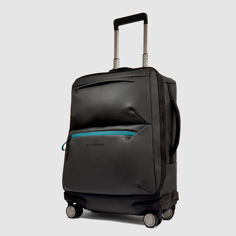 Slim 4-wheel cabin trolley suitcase in water-repellent rubber effect canvas with shock protection PIQUADRO Black