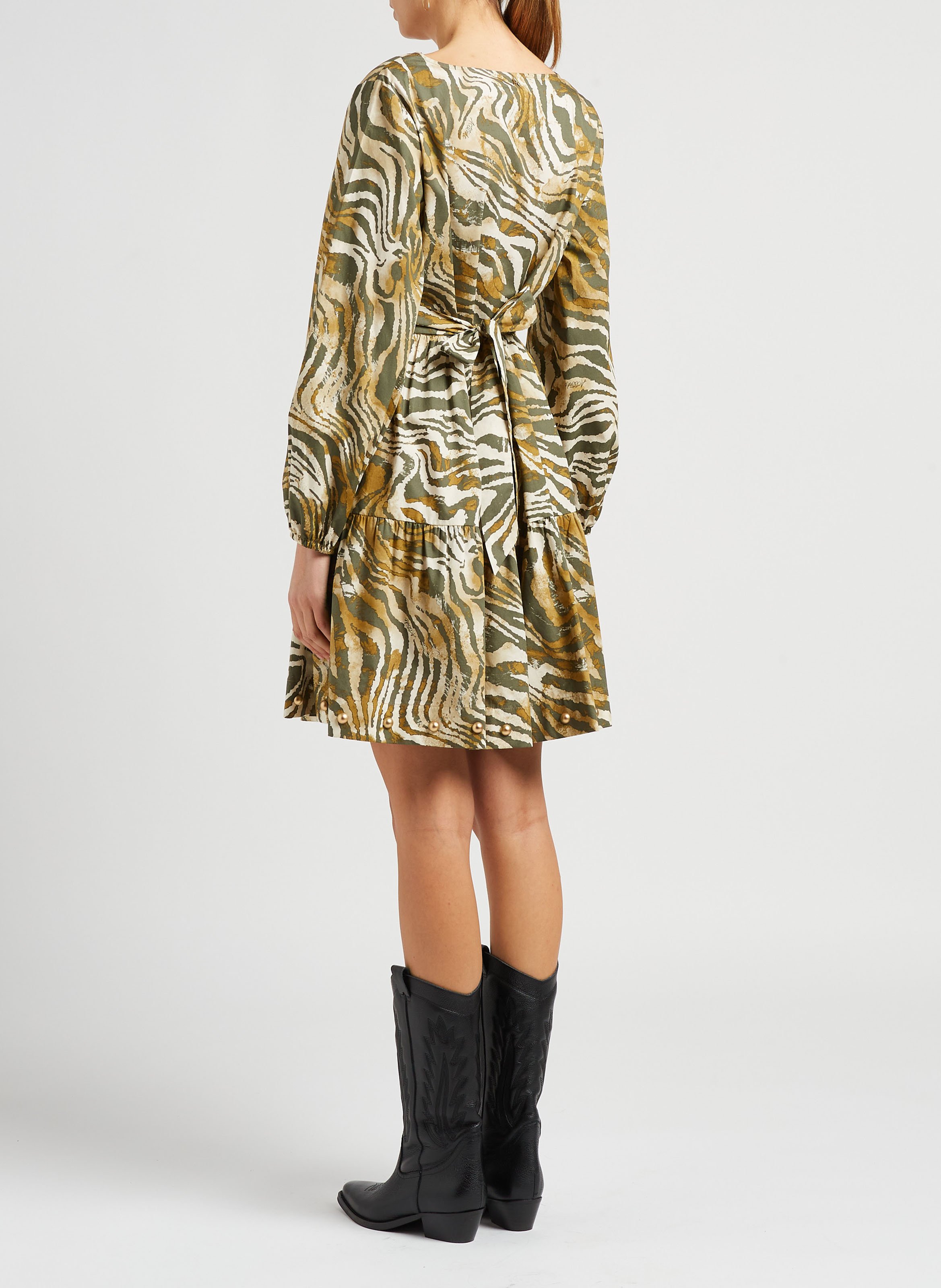 Short cotton dress with animal print Khaki