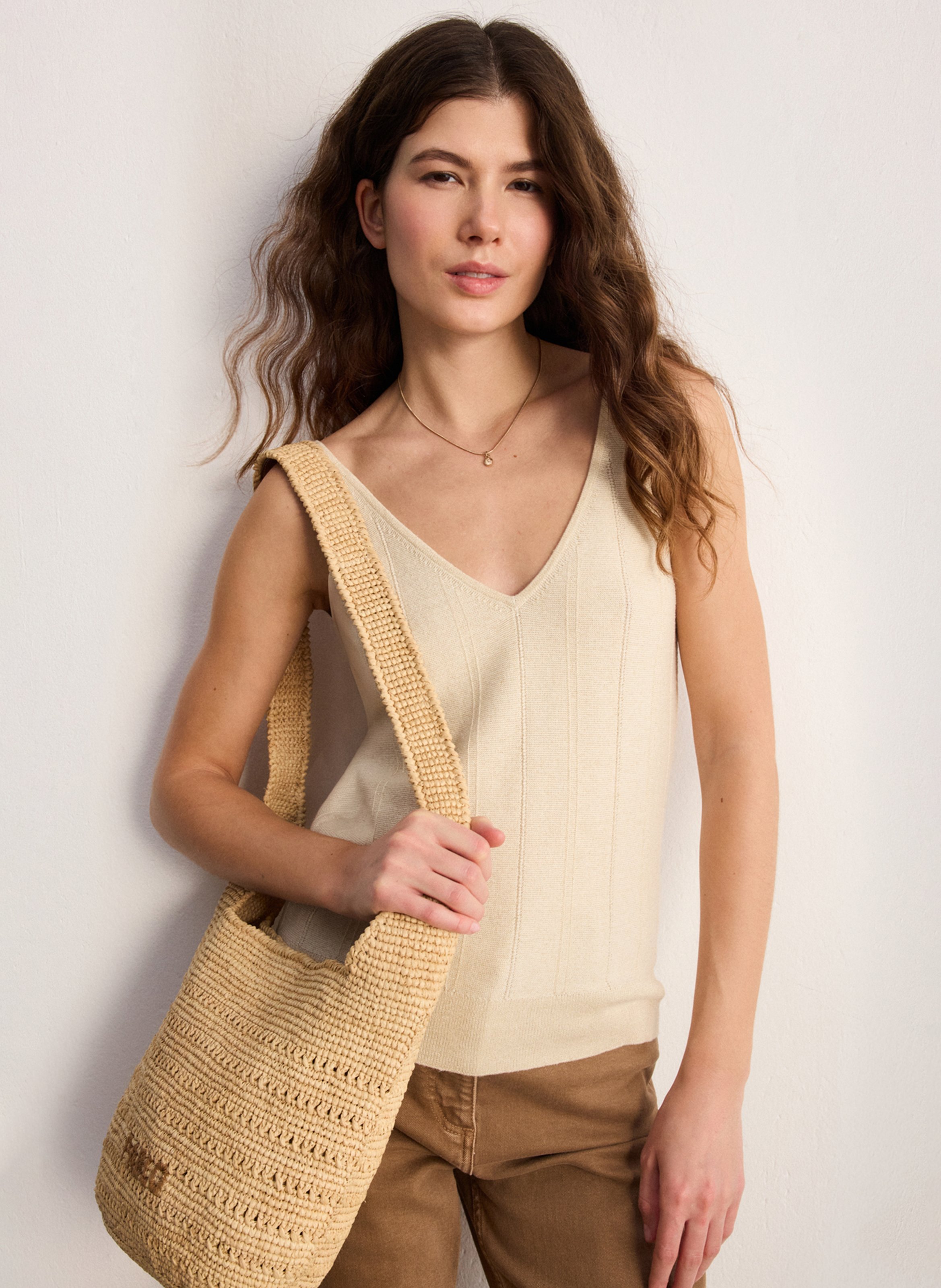 Top droit col V en coton mélangé PABLO Doré