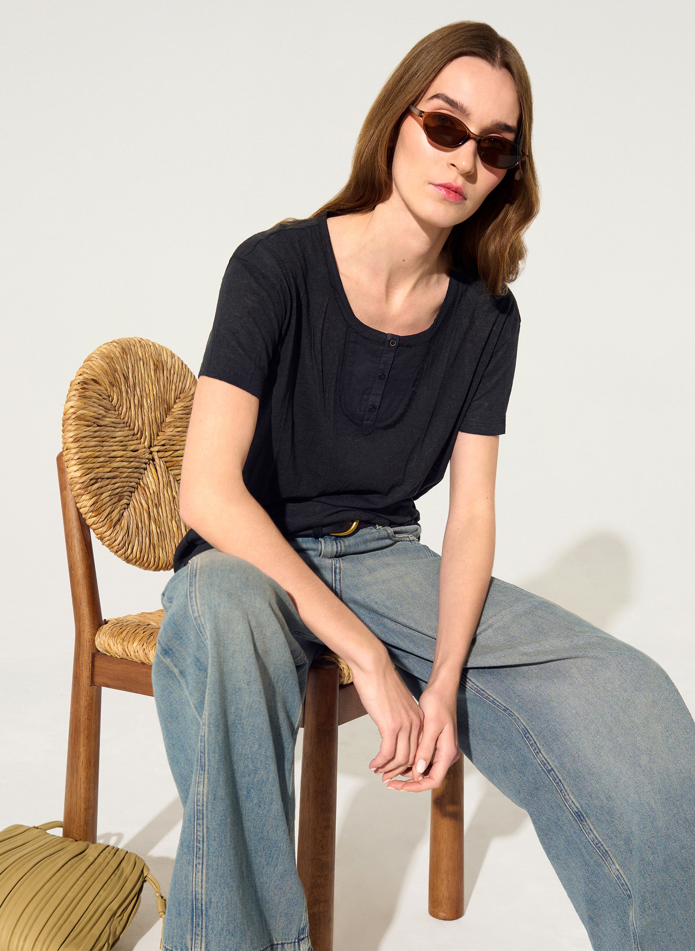 Rechte linnenmix T-shirt COTELAC Zwart