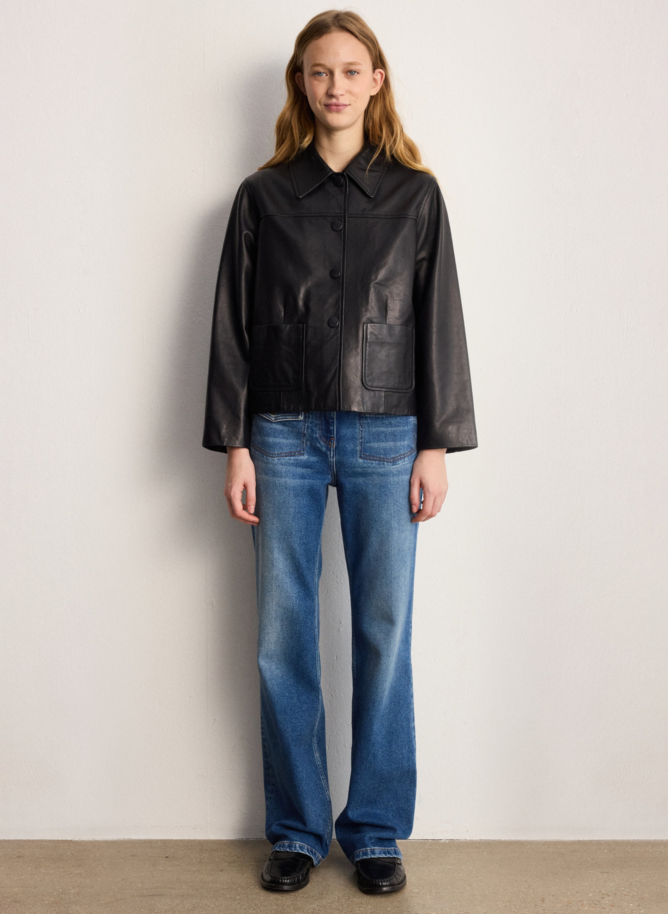 Straight leather jacket with classic collar PABLO Black