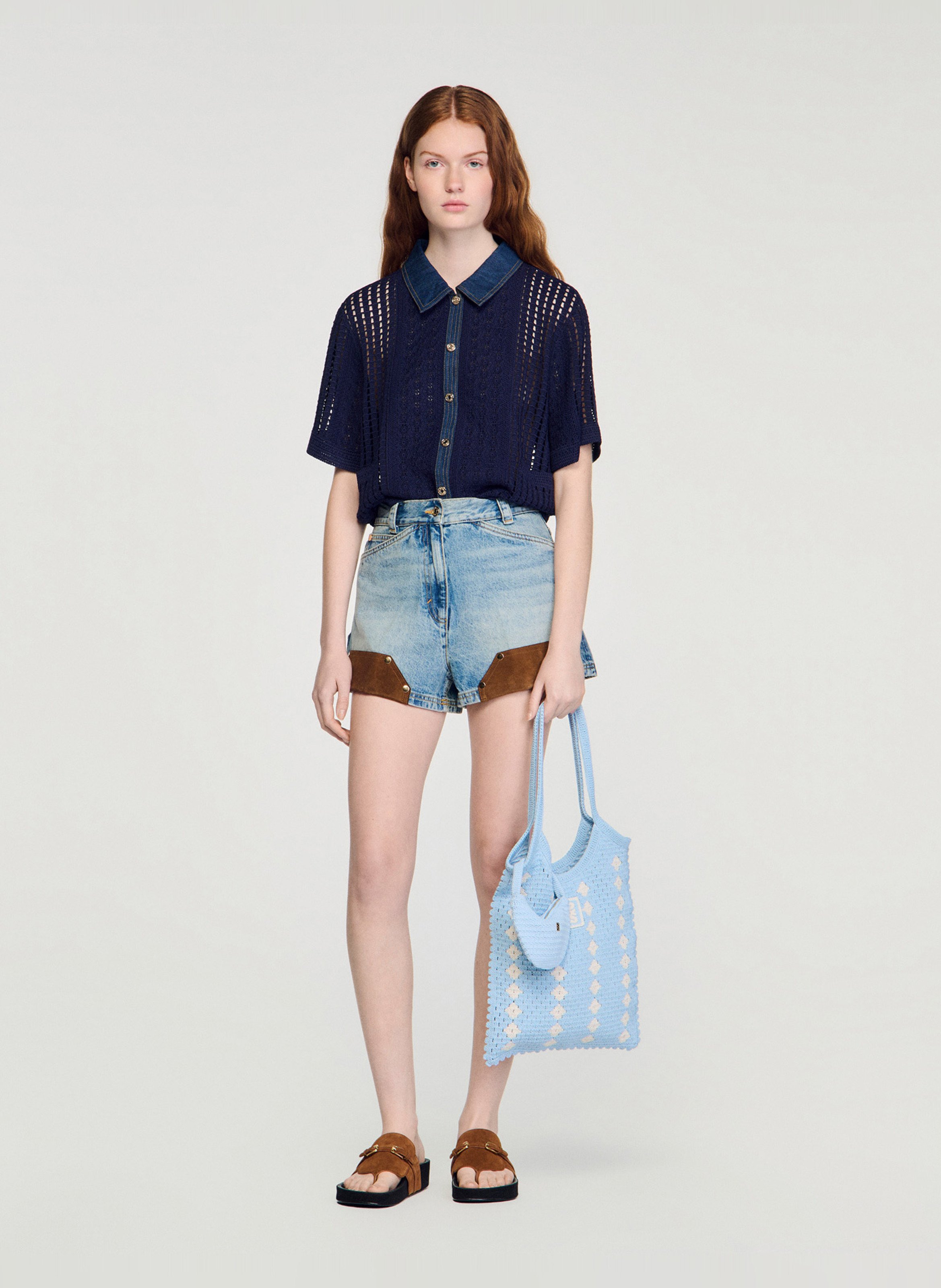 Rechte cardigan in ajourbreisel SANDRO Blauw