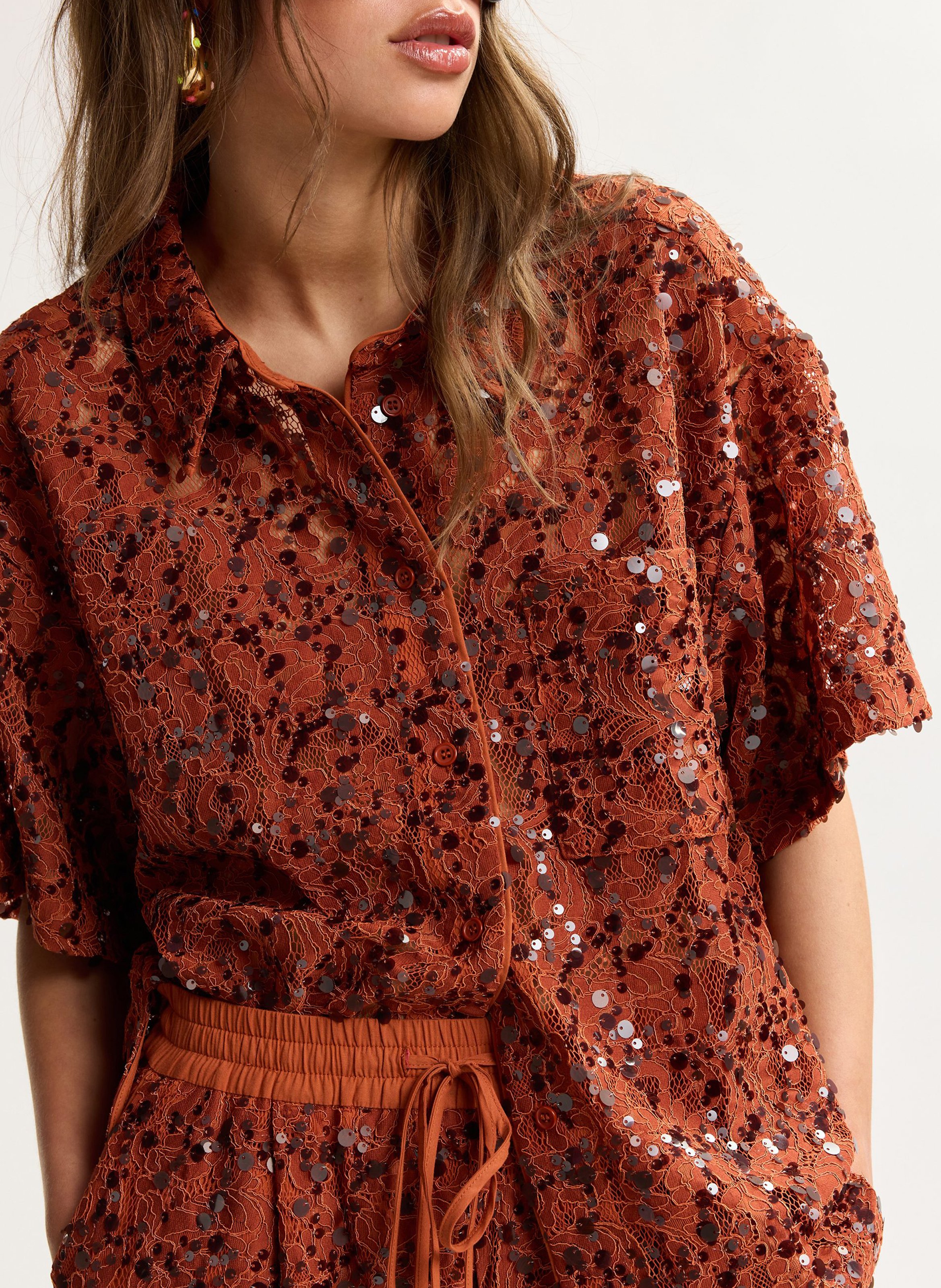 Kurzarm-Paillettenhemd ESSENTIEL ANTWERP Rot