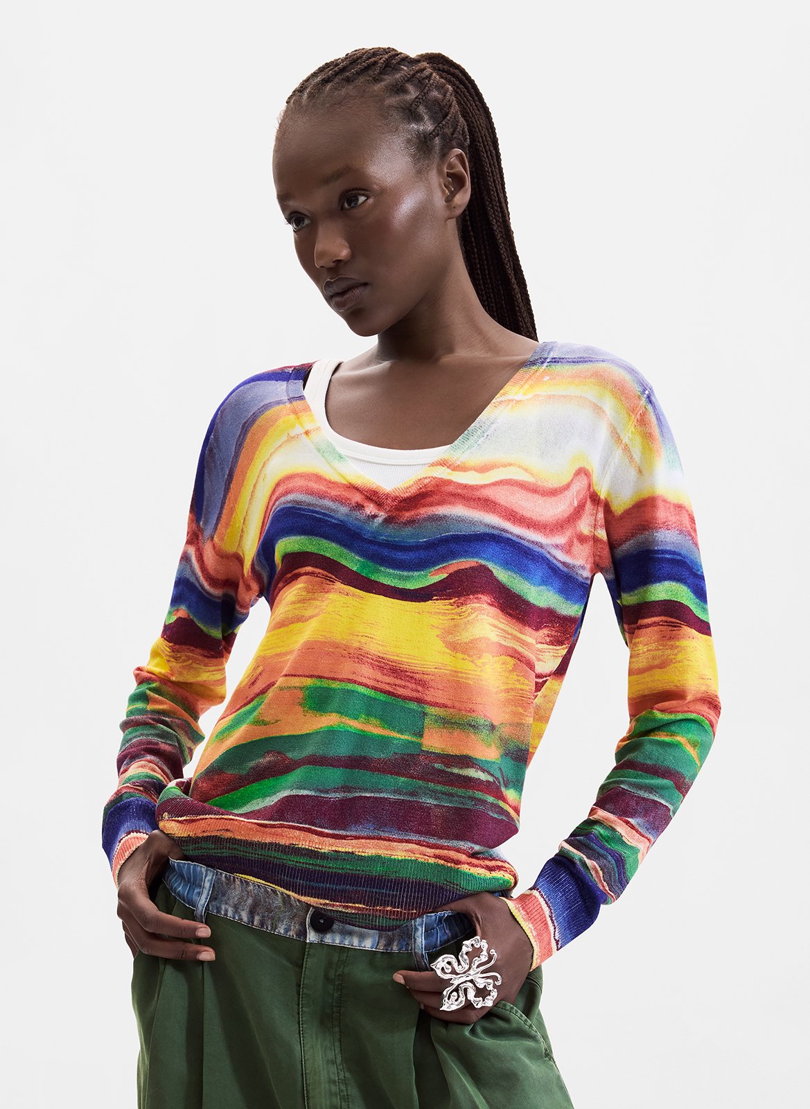 Slim fit V-neck printed sweater DESIGUAL Yellow