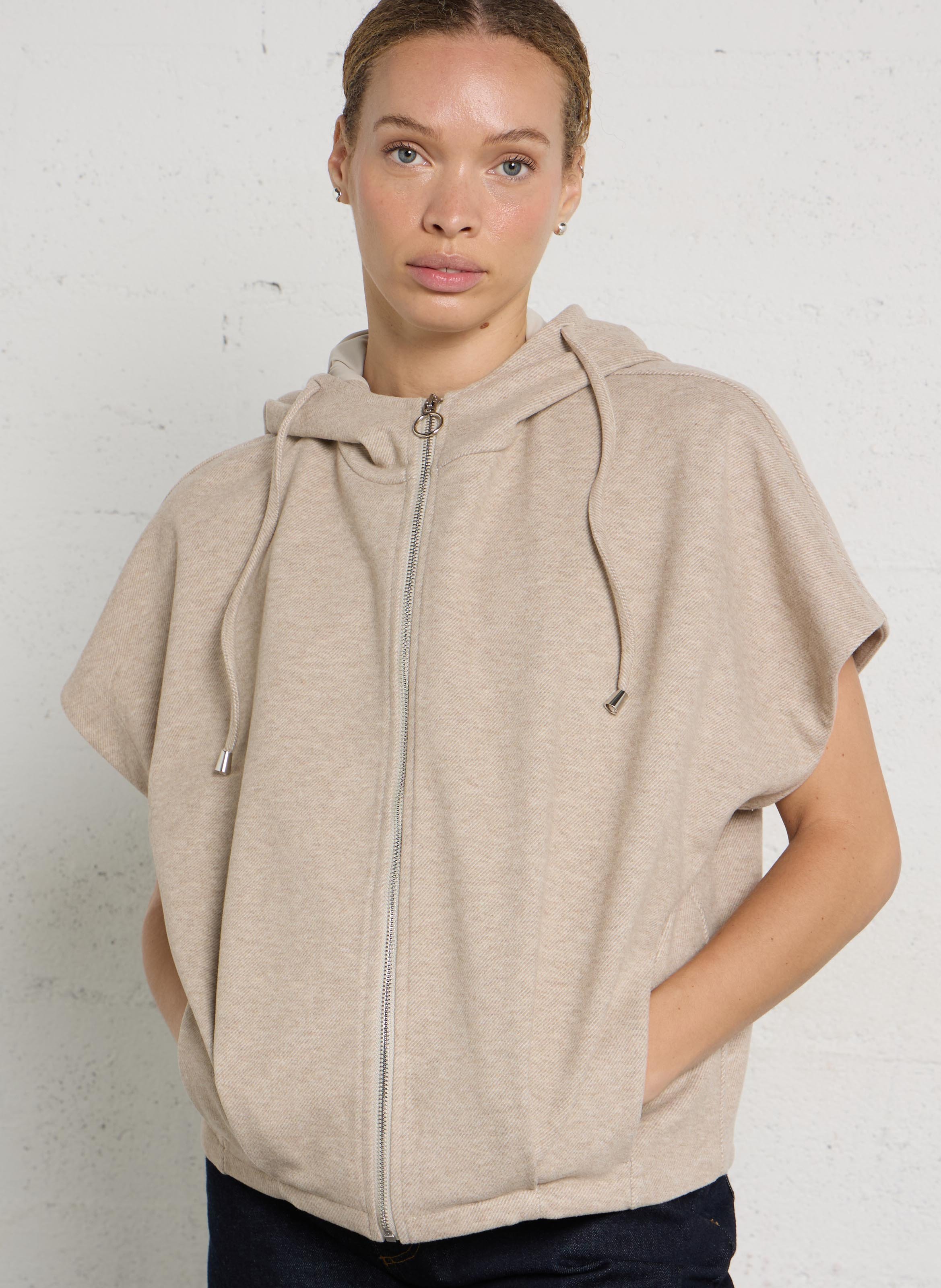 Sleeveless zippered sweatshirt PLEASE Beige