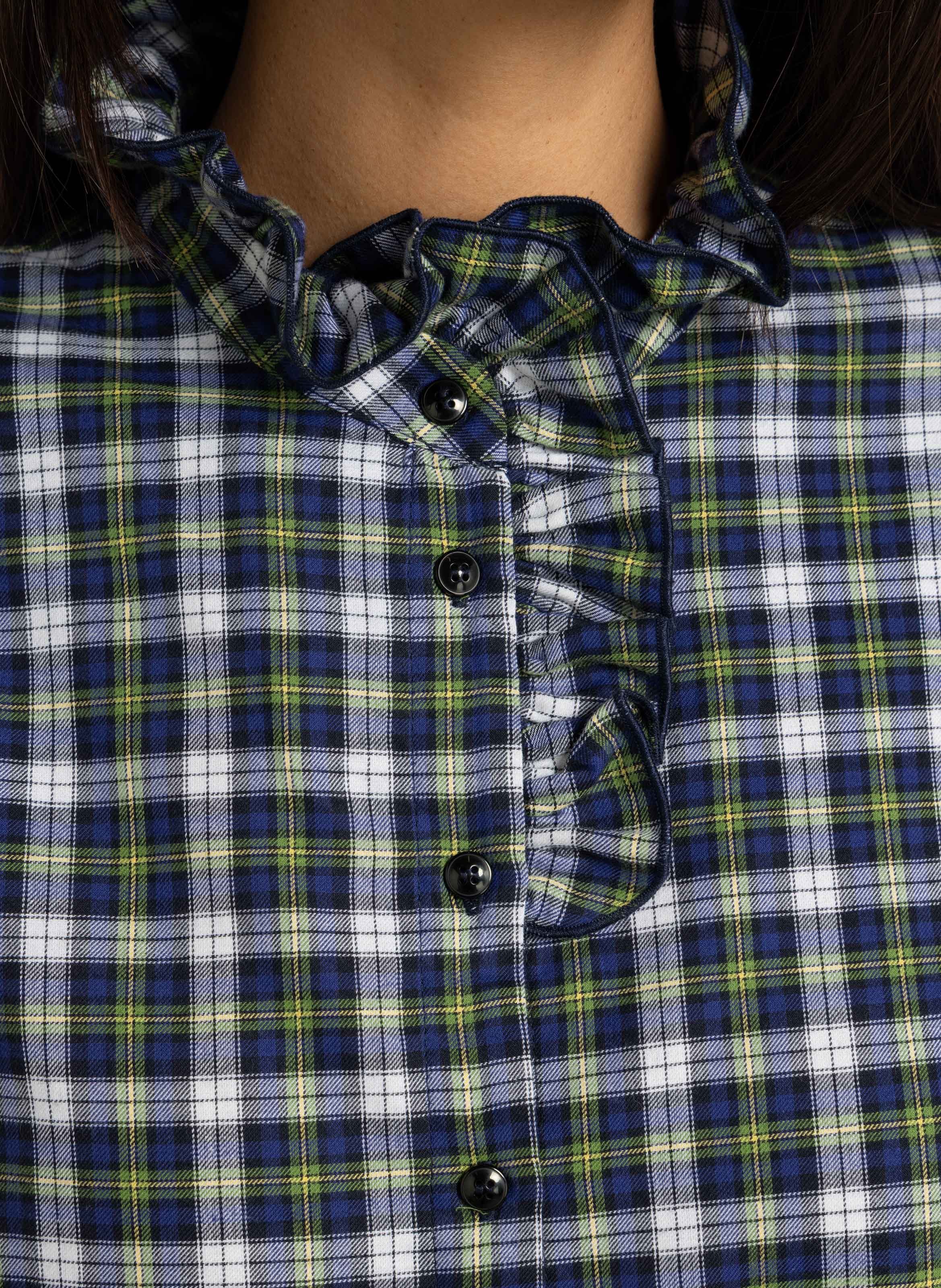 Checked cotton Victorian collar straight top SUZIE WINKLE Blue