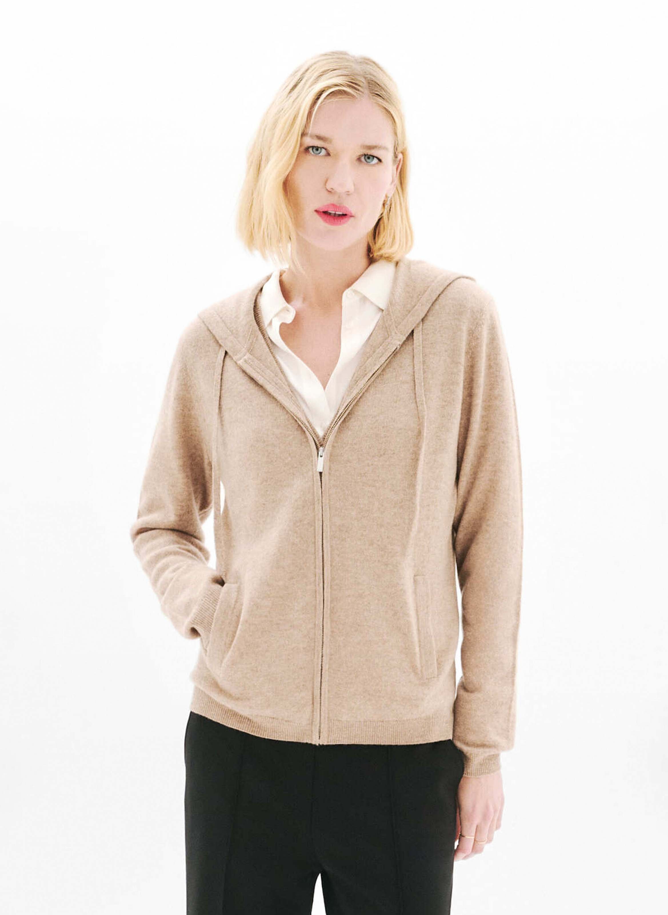 Straight wool and cashmere hooded cardigan CAROLL