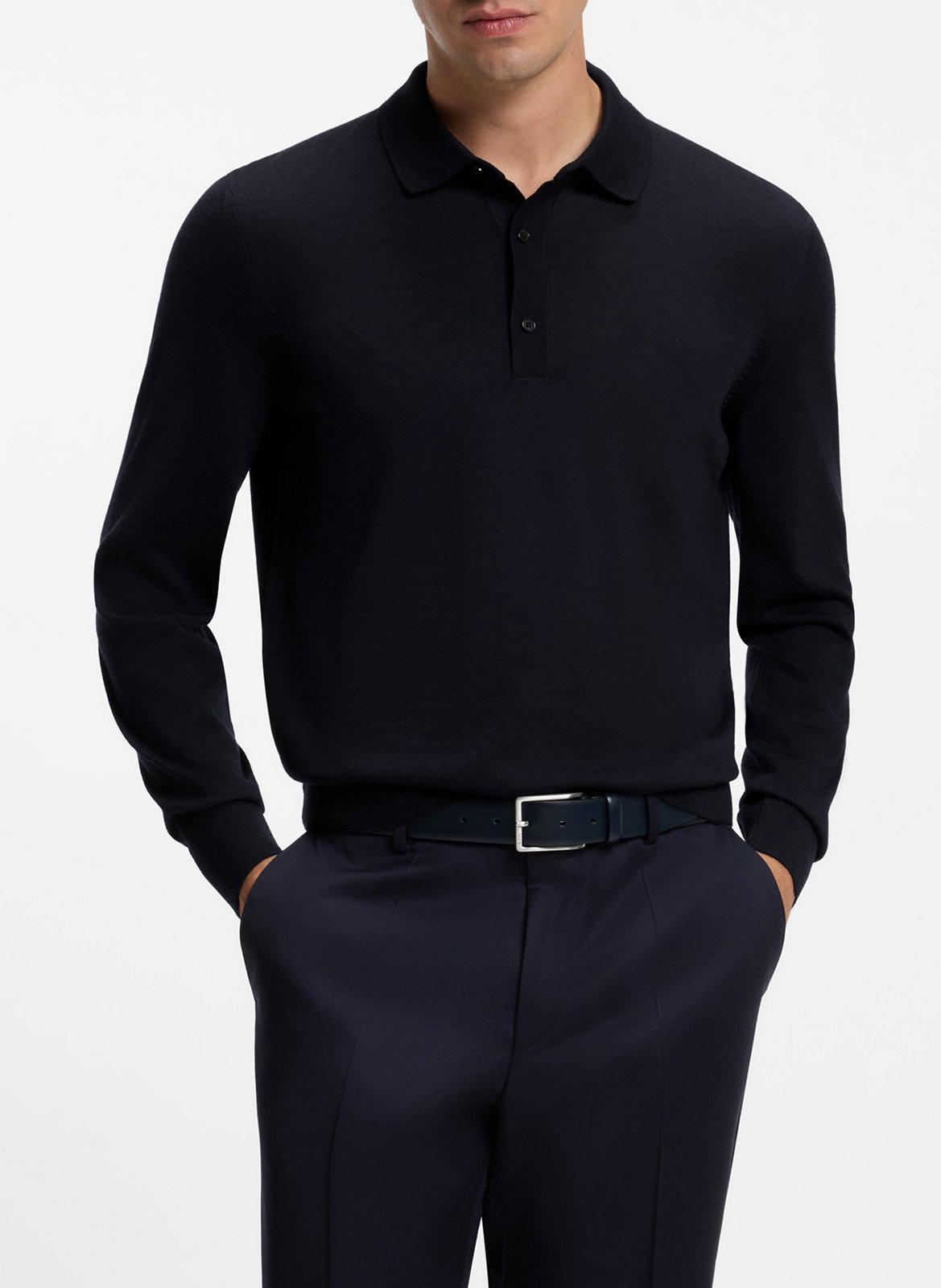 Polo manches longues uni en laine BOSS Bleu