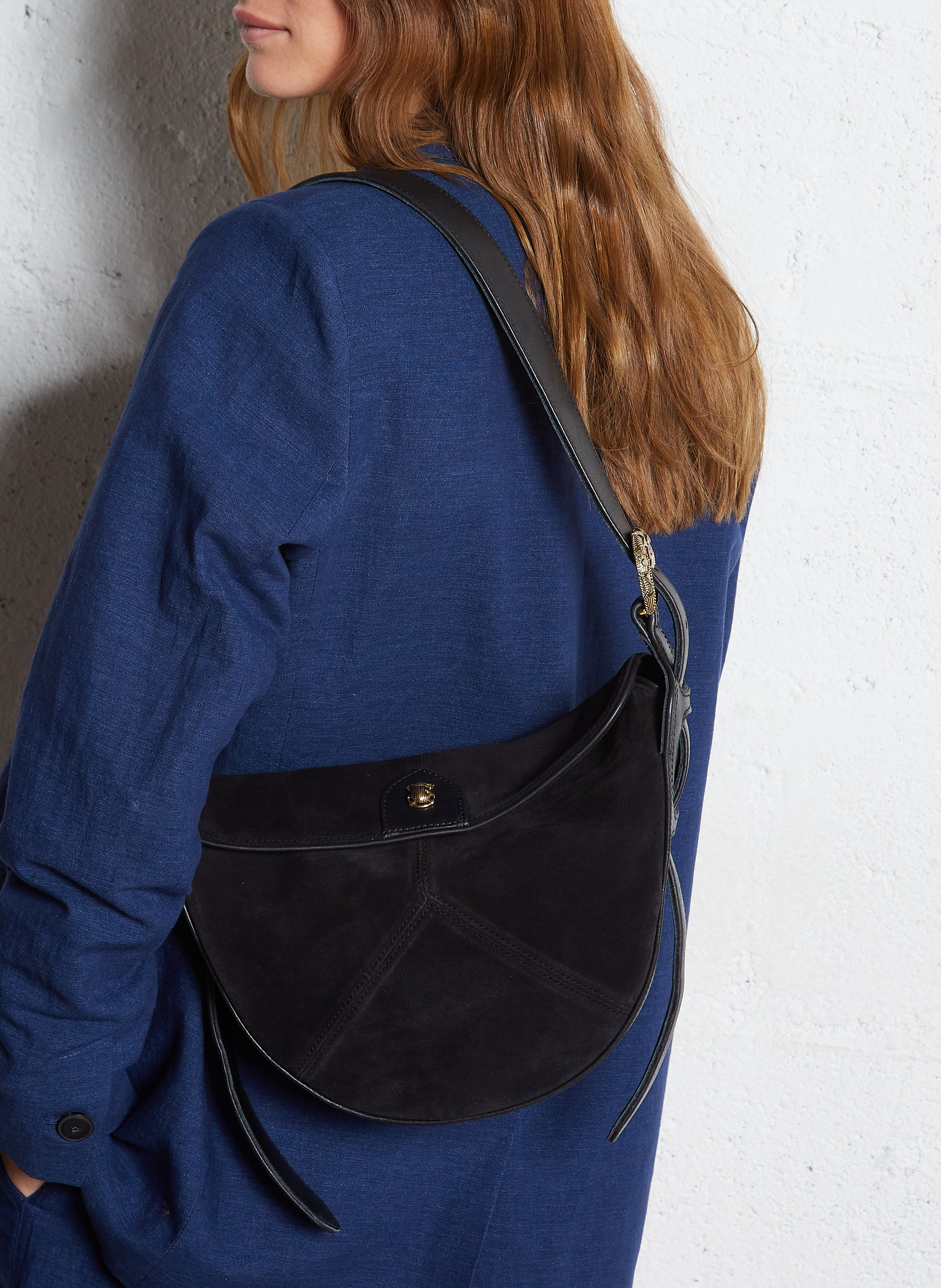 Sac bandoulière demi lune en cuir velours CLARIS VIROT Noir