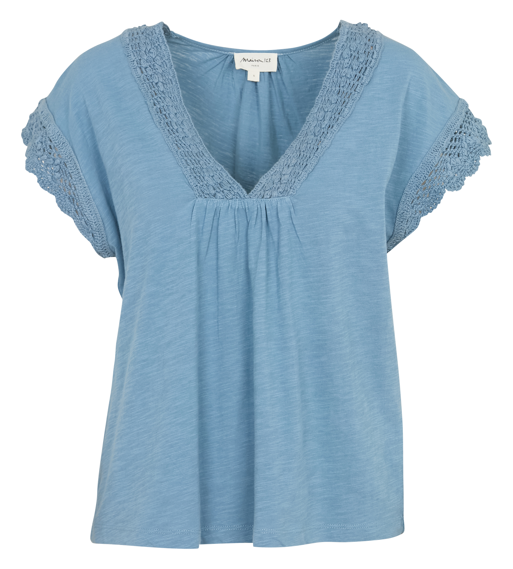 Plain straight T-shirt with cotton embroideries MAISON 123 Blue