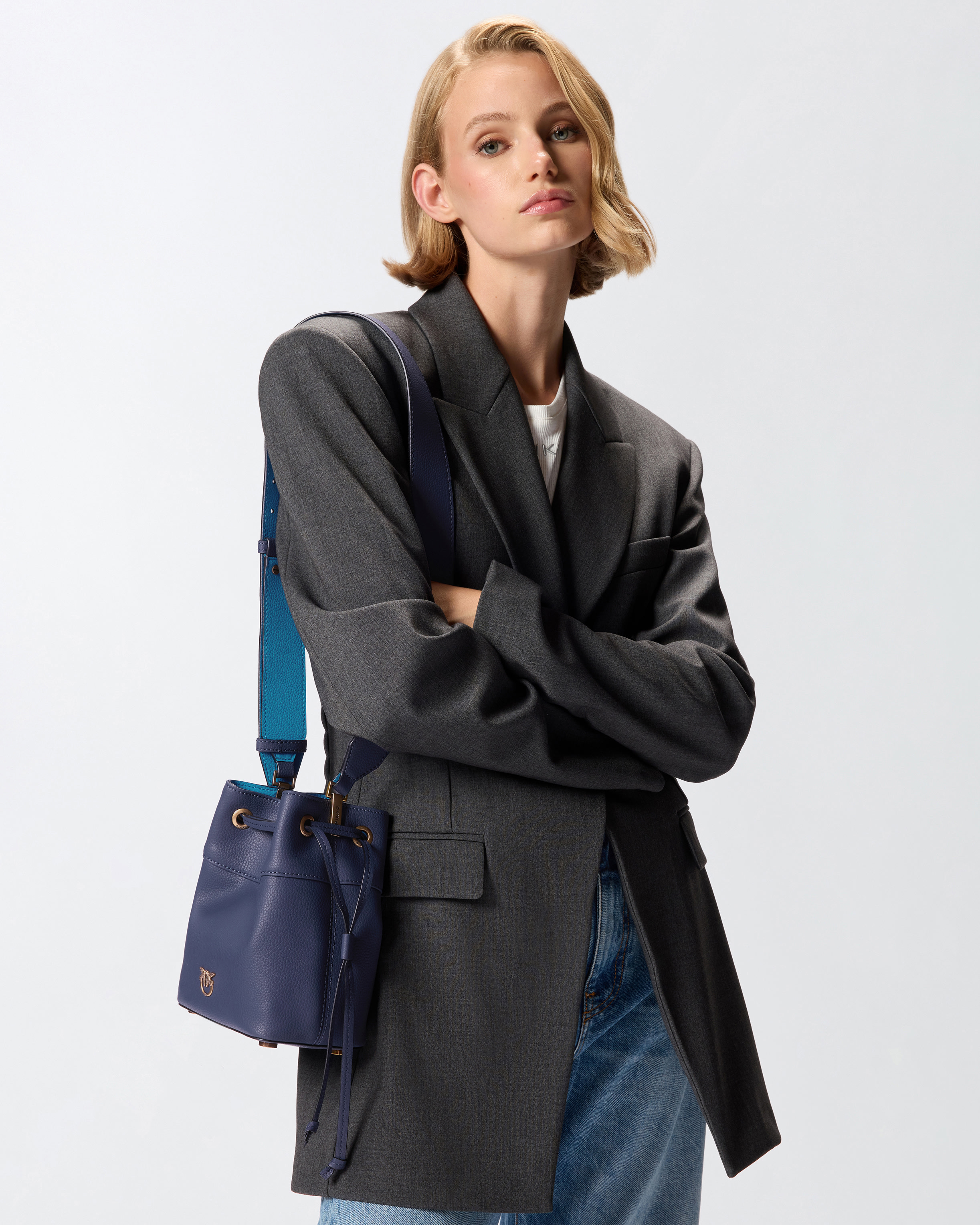 Small bucket shoulder bag in full-grain leather with love birds logo PINKO Blue