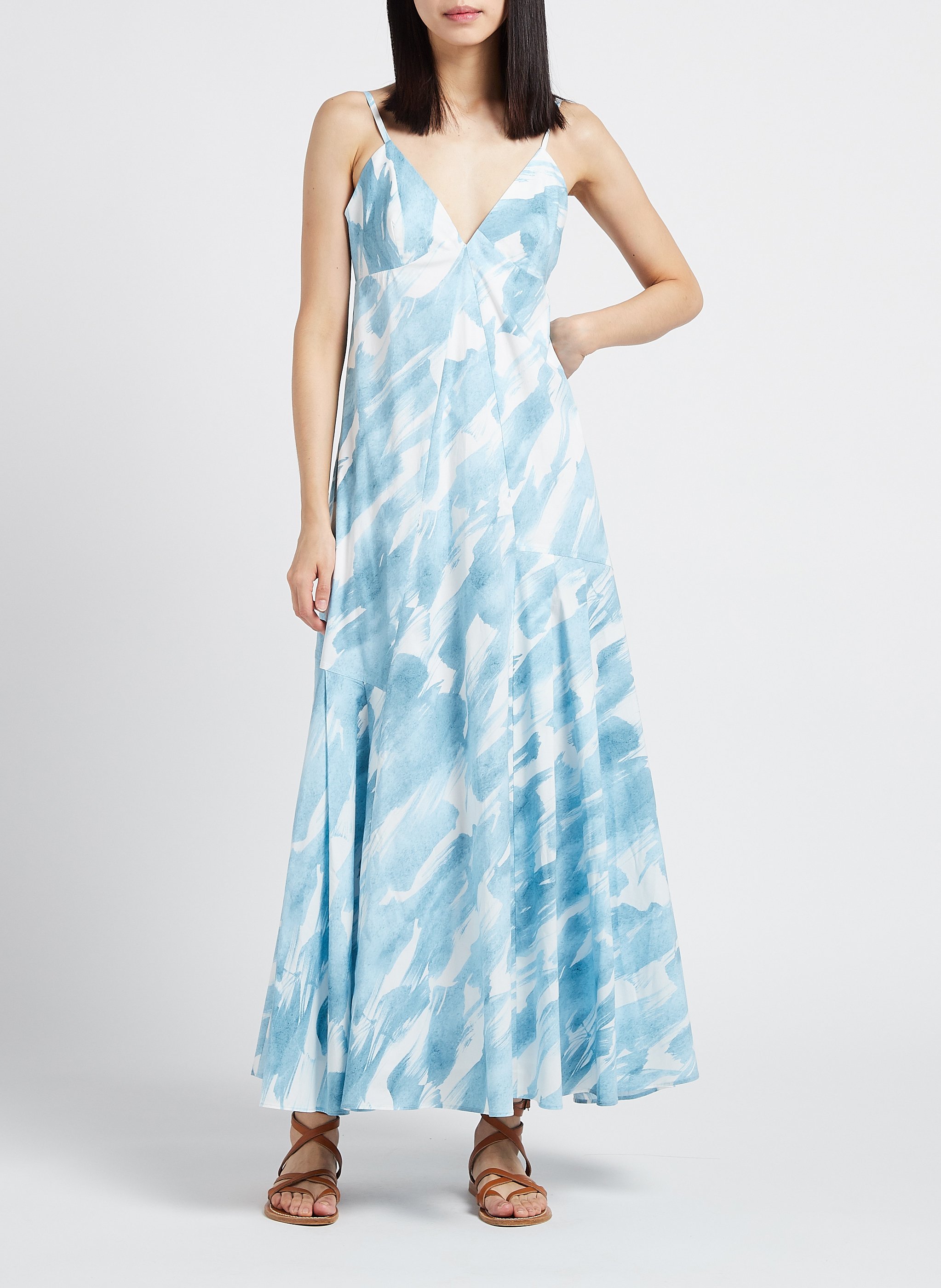 Robe longue col V imprimée en coton mélangé MARGAUX LONNBERG Bleu