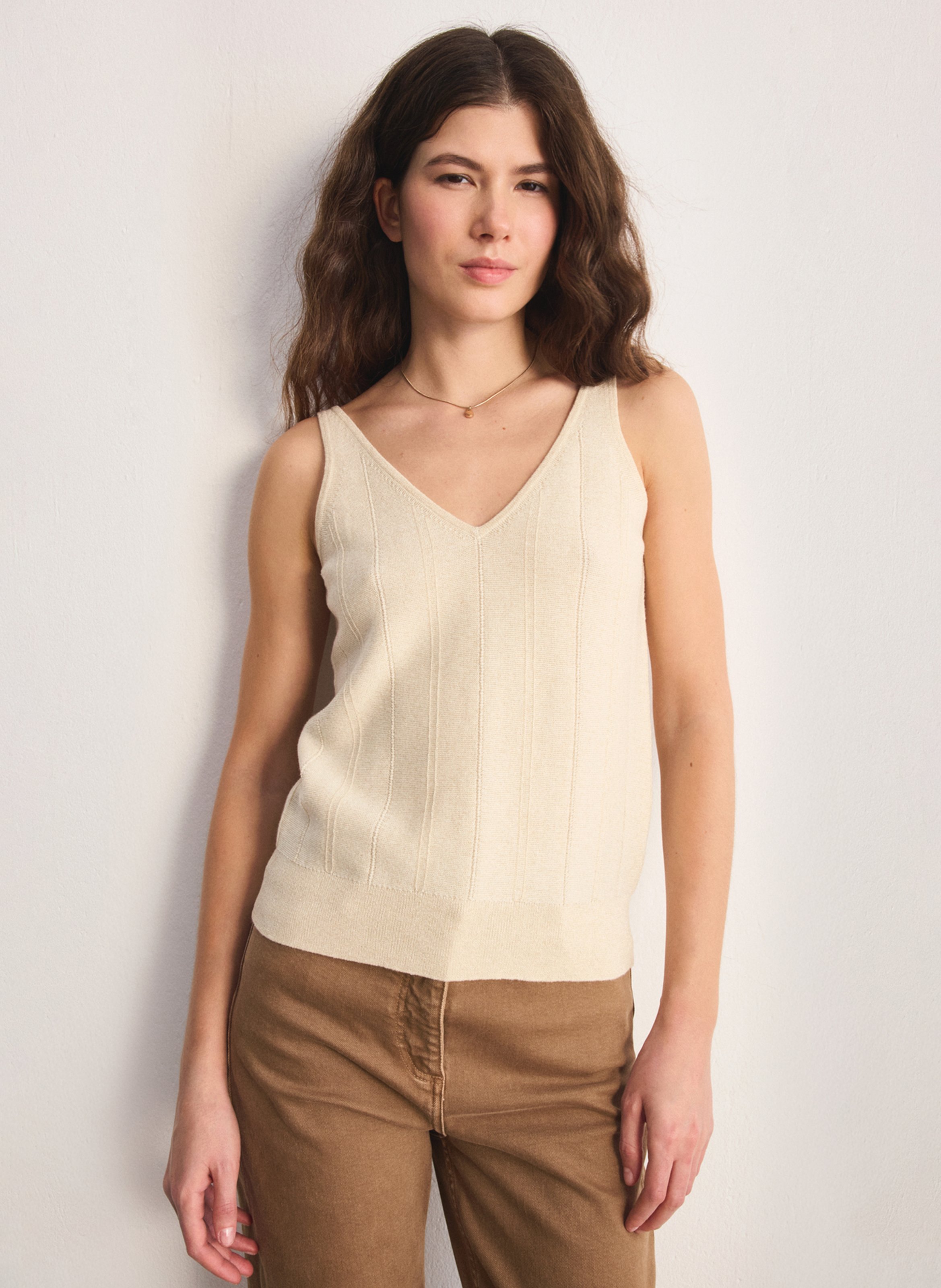 Top droit col V en coton mélangé PABLO Doré