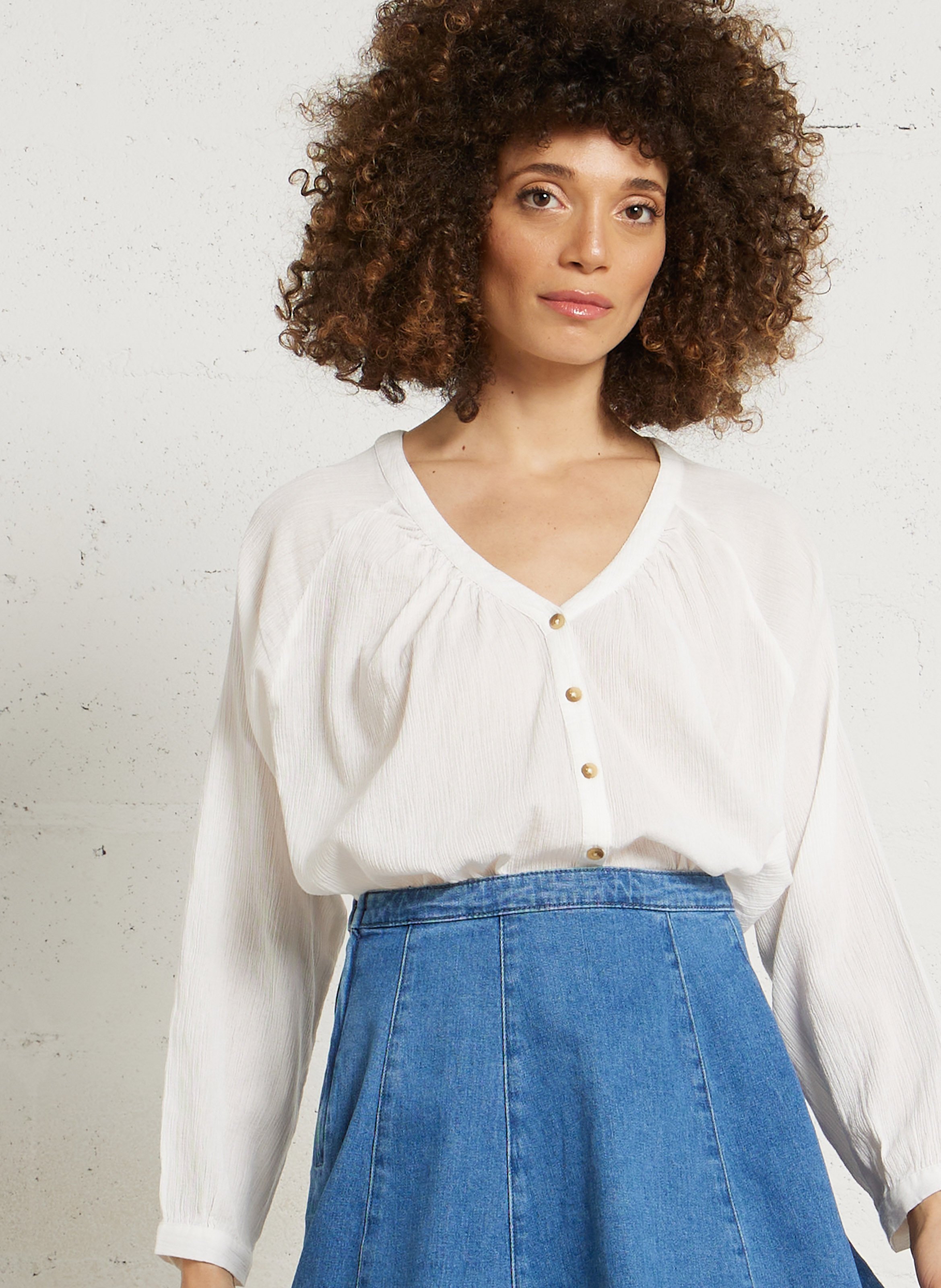 Blouse oversize col V en coton LA PETITE ETOILE Beige