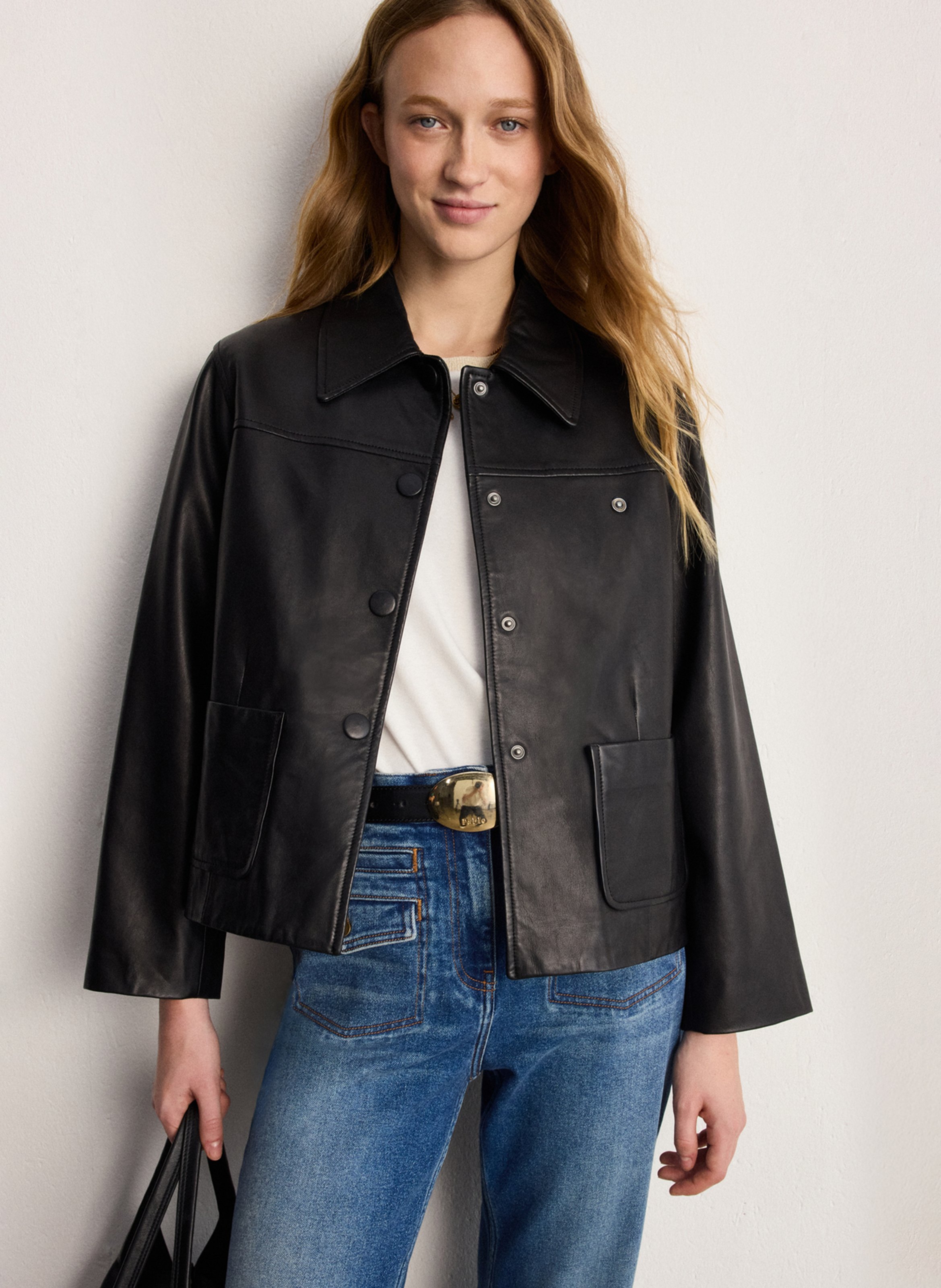 Straight leather jacket with classic collar PABLO Black