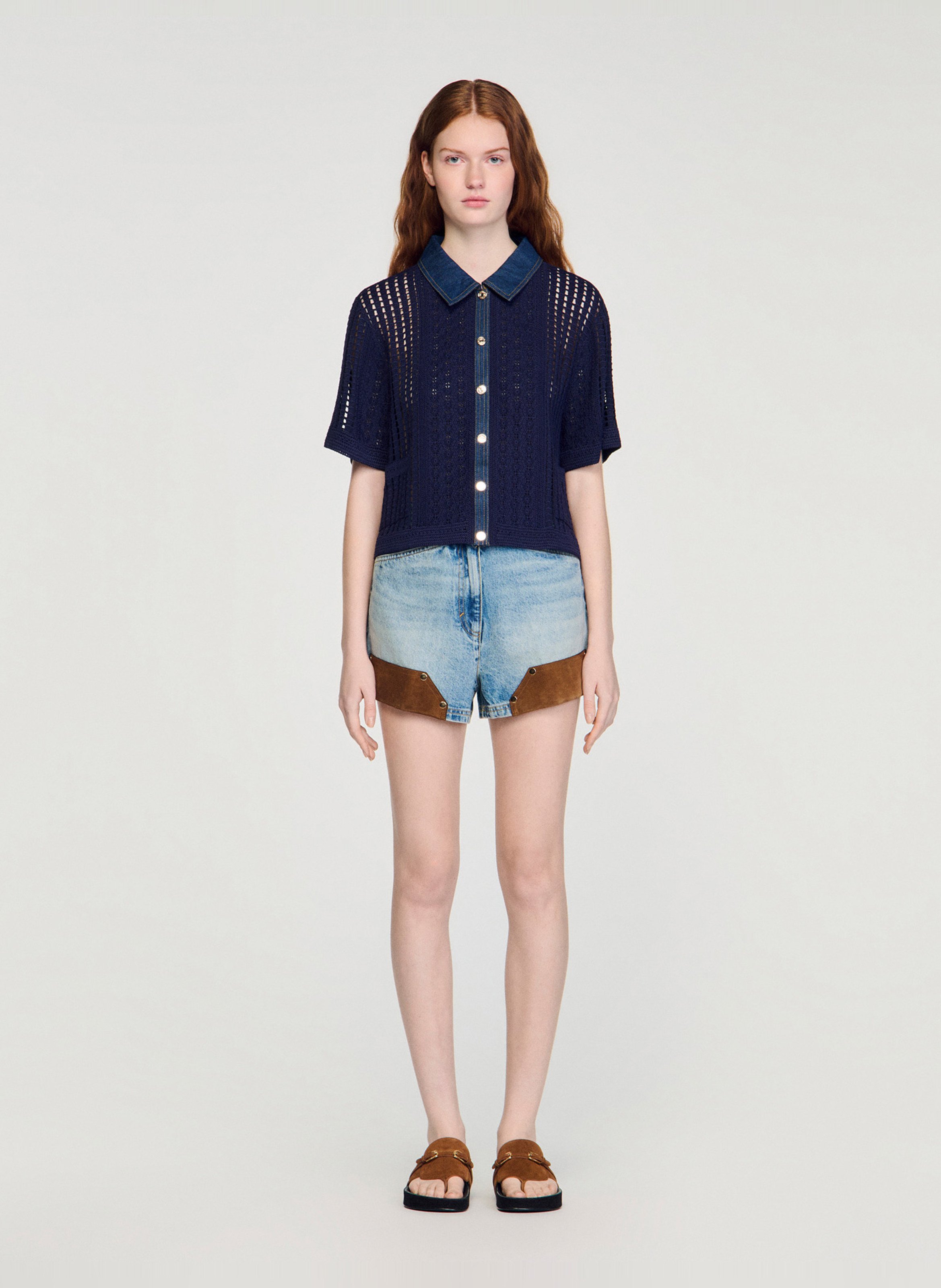 Rechte cardigan in ajourbreisel SANDRO Blauw