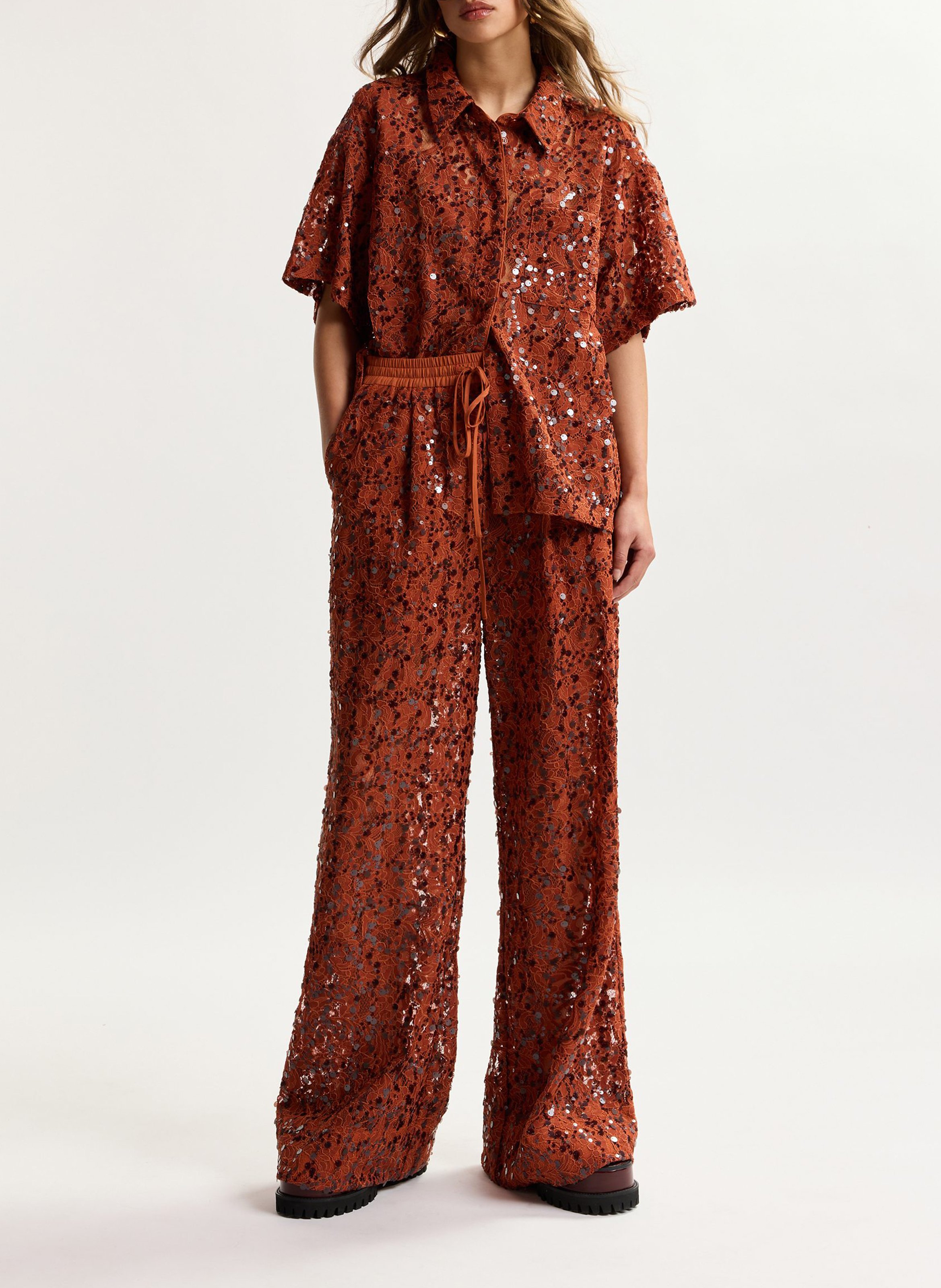 Kurzarm-Paillettenhemd ESSENTIEL ANTWERP Rot