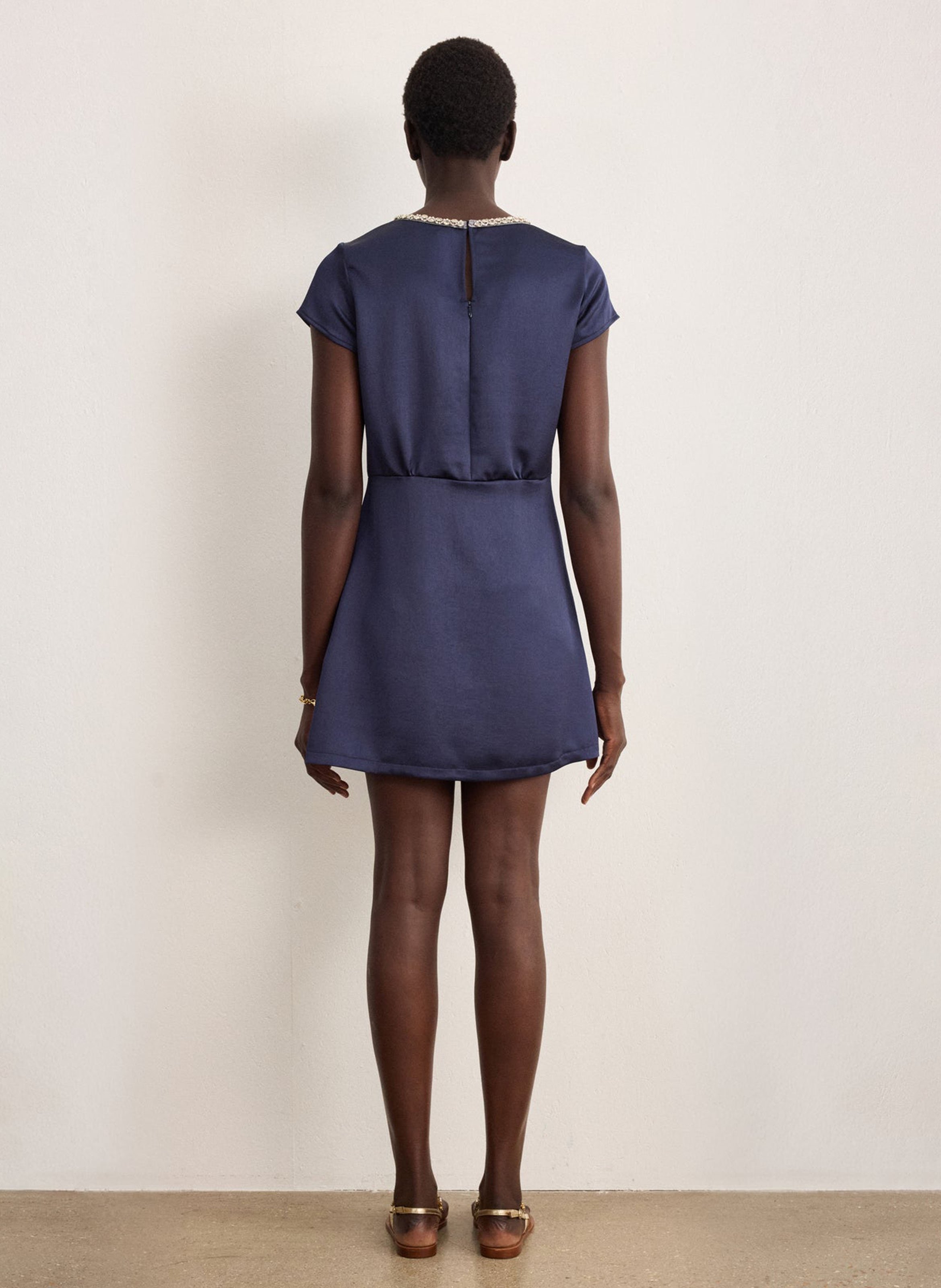 Short dress with rhinestone collar in satin PABLO Blue