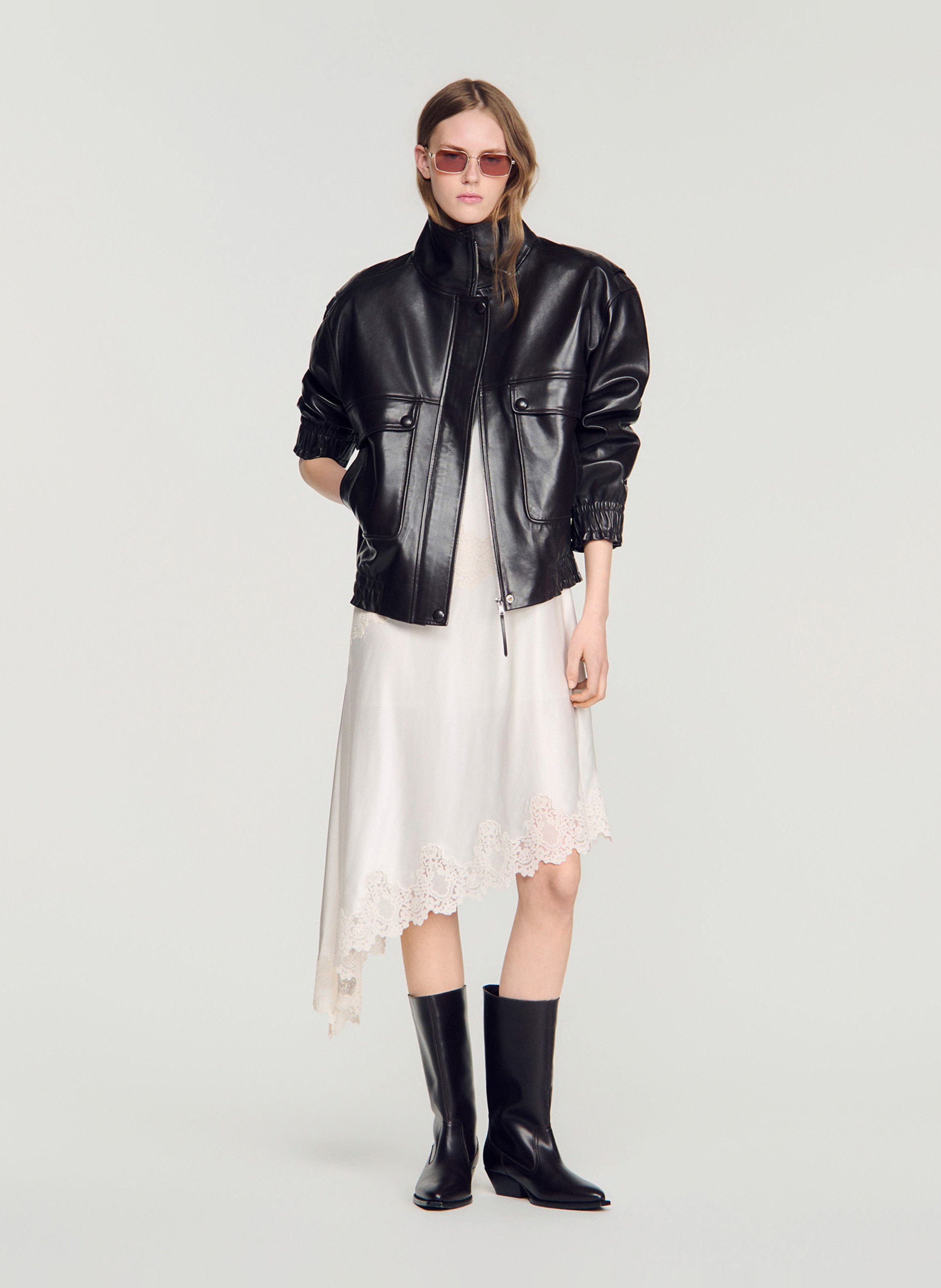 Leather jacket with stand-up collar SANDRO Brown