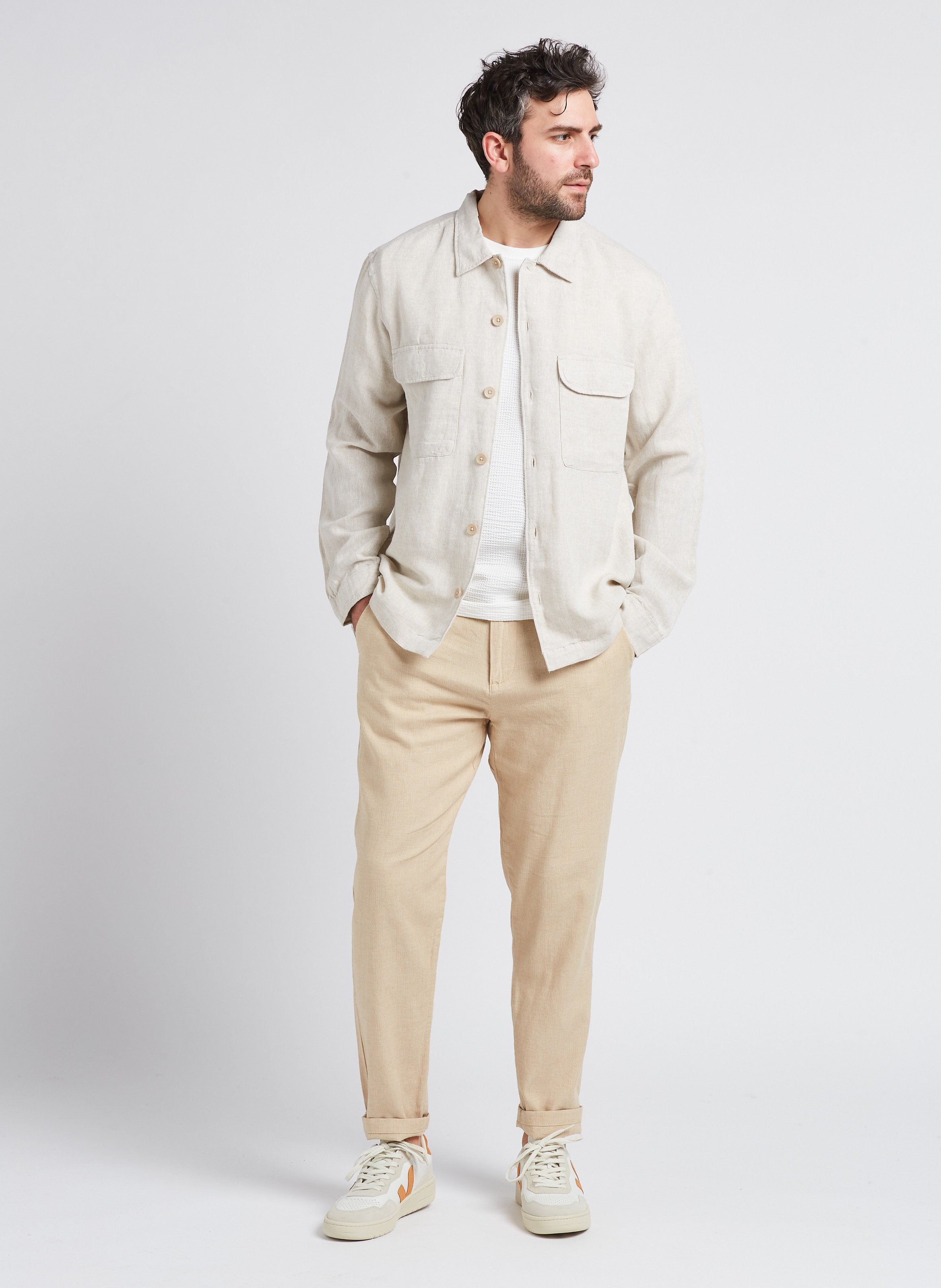 Straight linen-blend shirt with classic collar SELECTED Beige