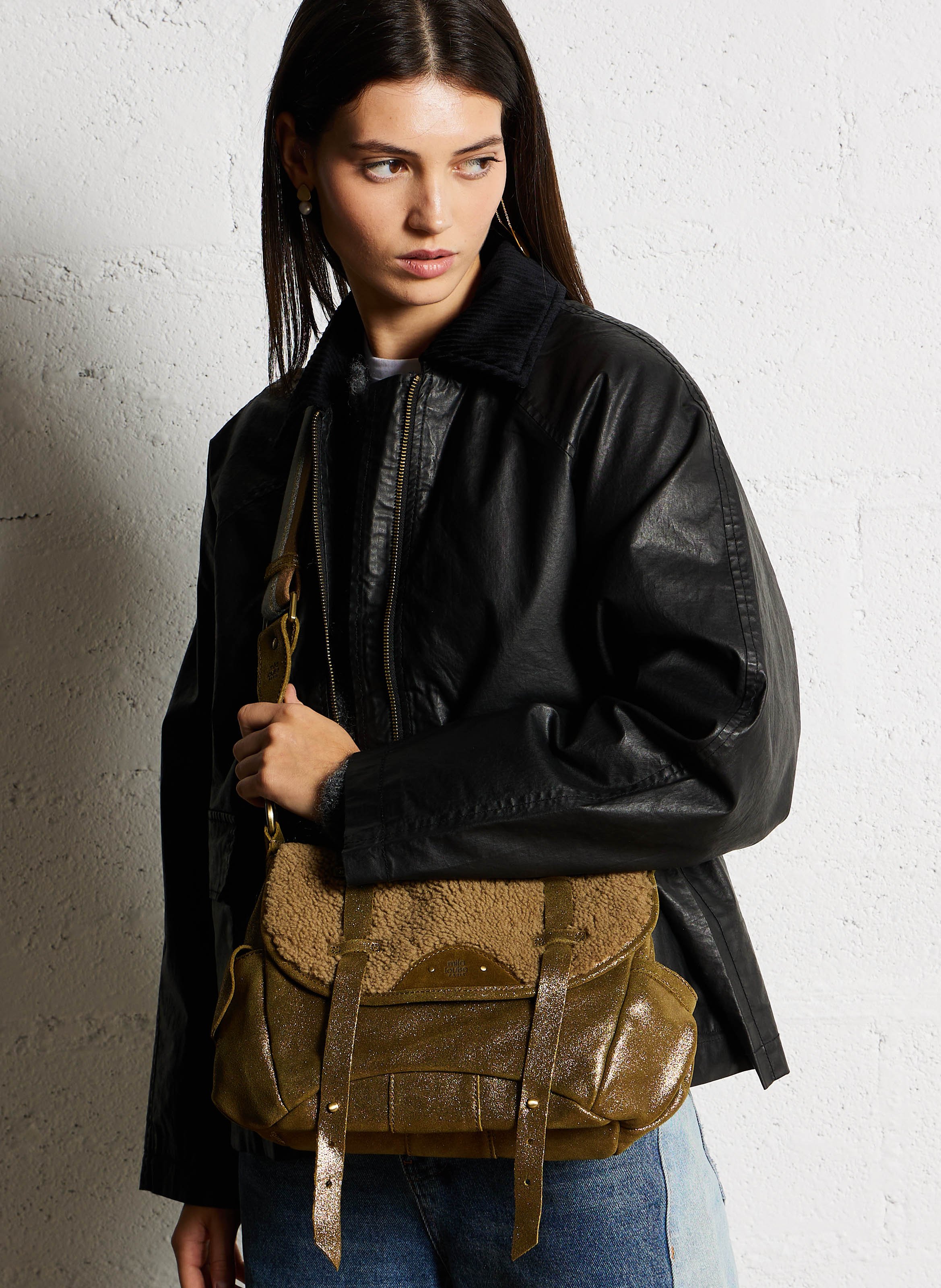 Leren schoudertas MILA LOUISE Kaki