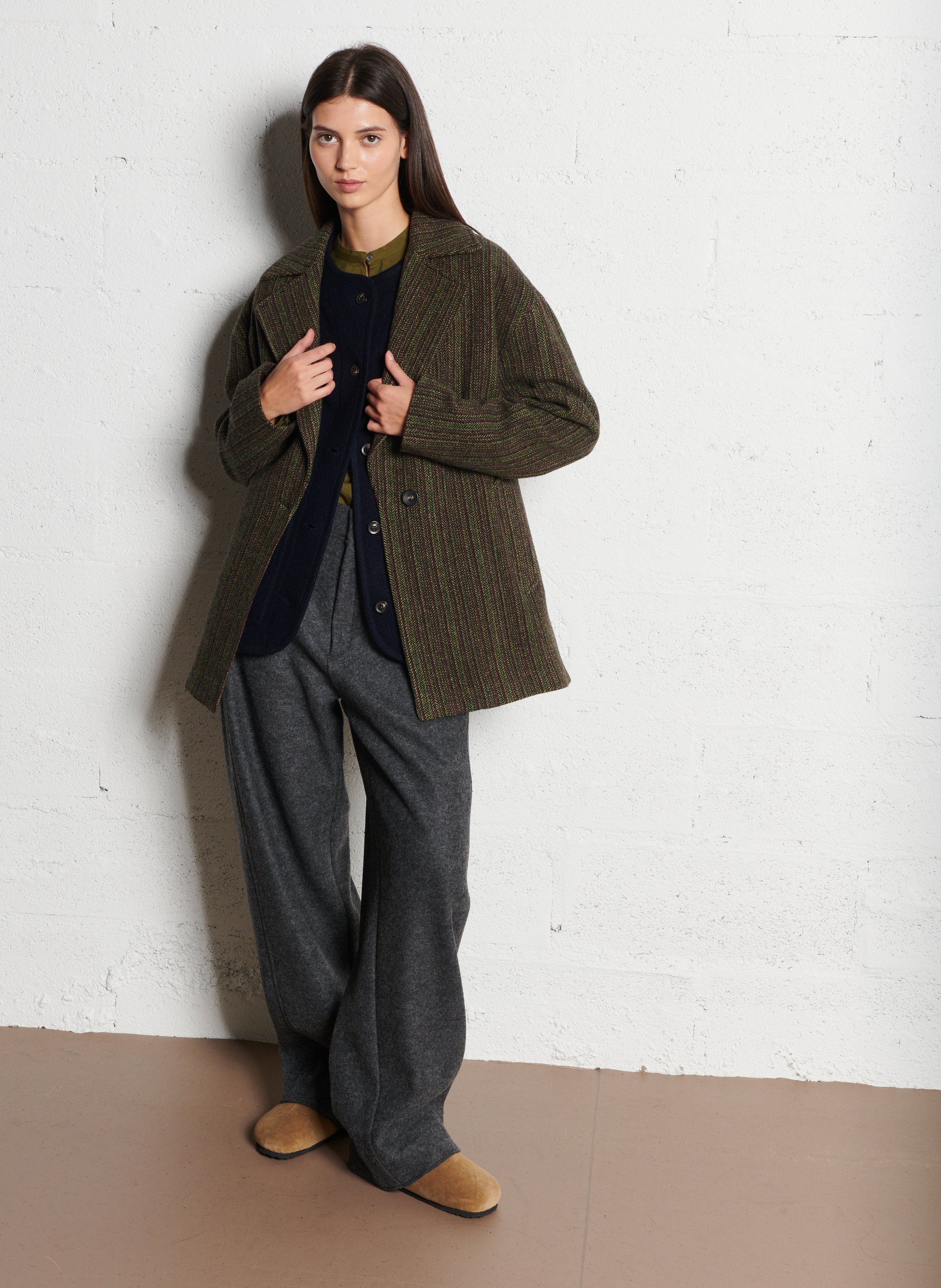 Round neck straight blouse in cotton and silk blend POMANDERE Green