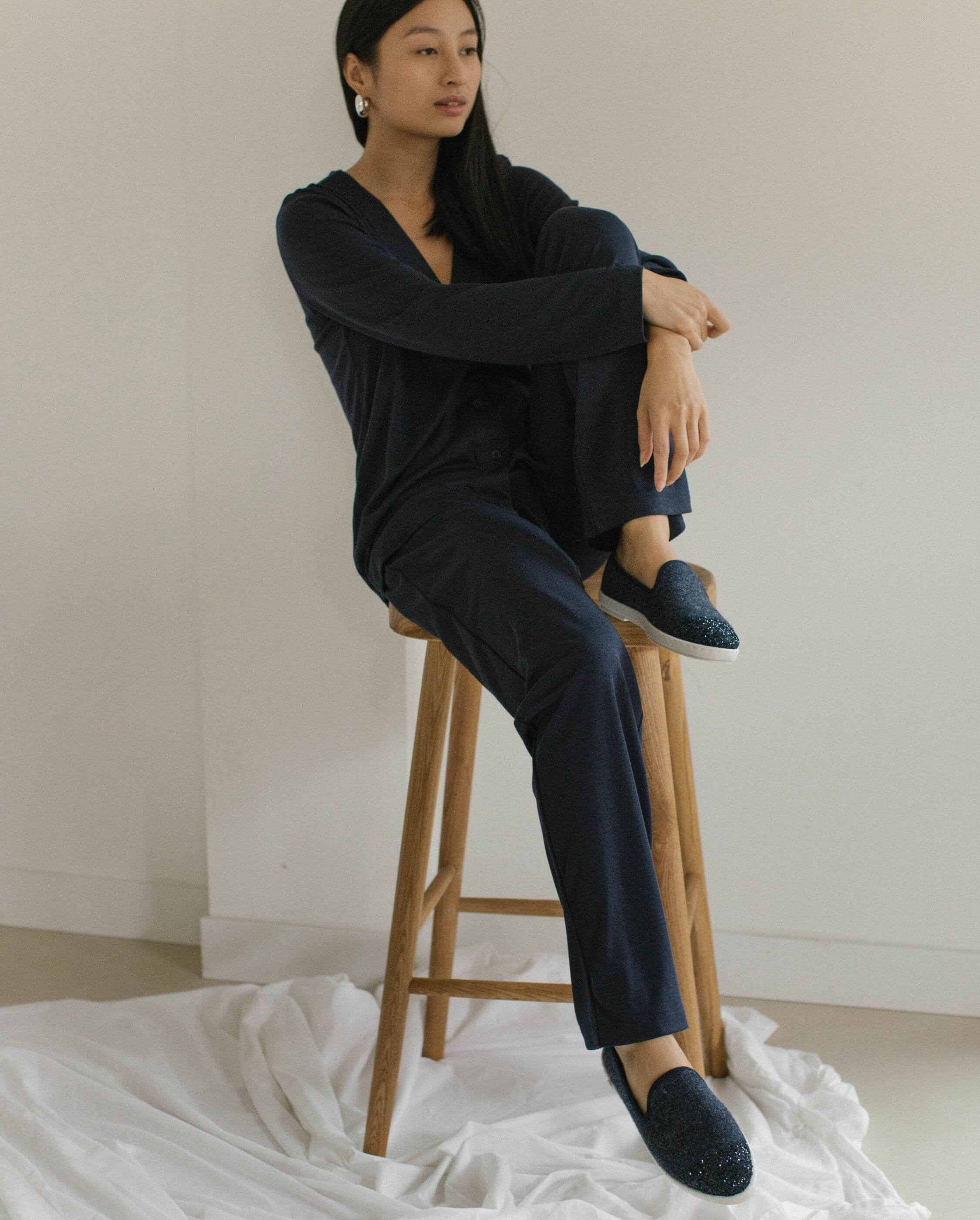 Women's wool slipper, navy sequins ANGARDE Blue