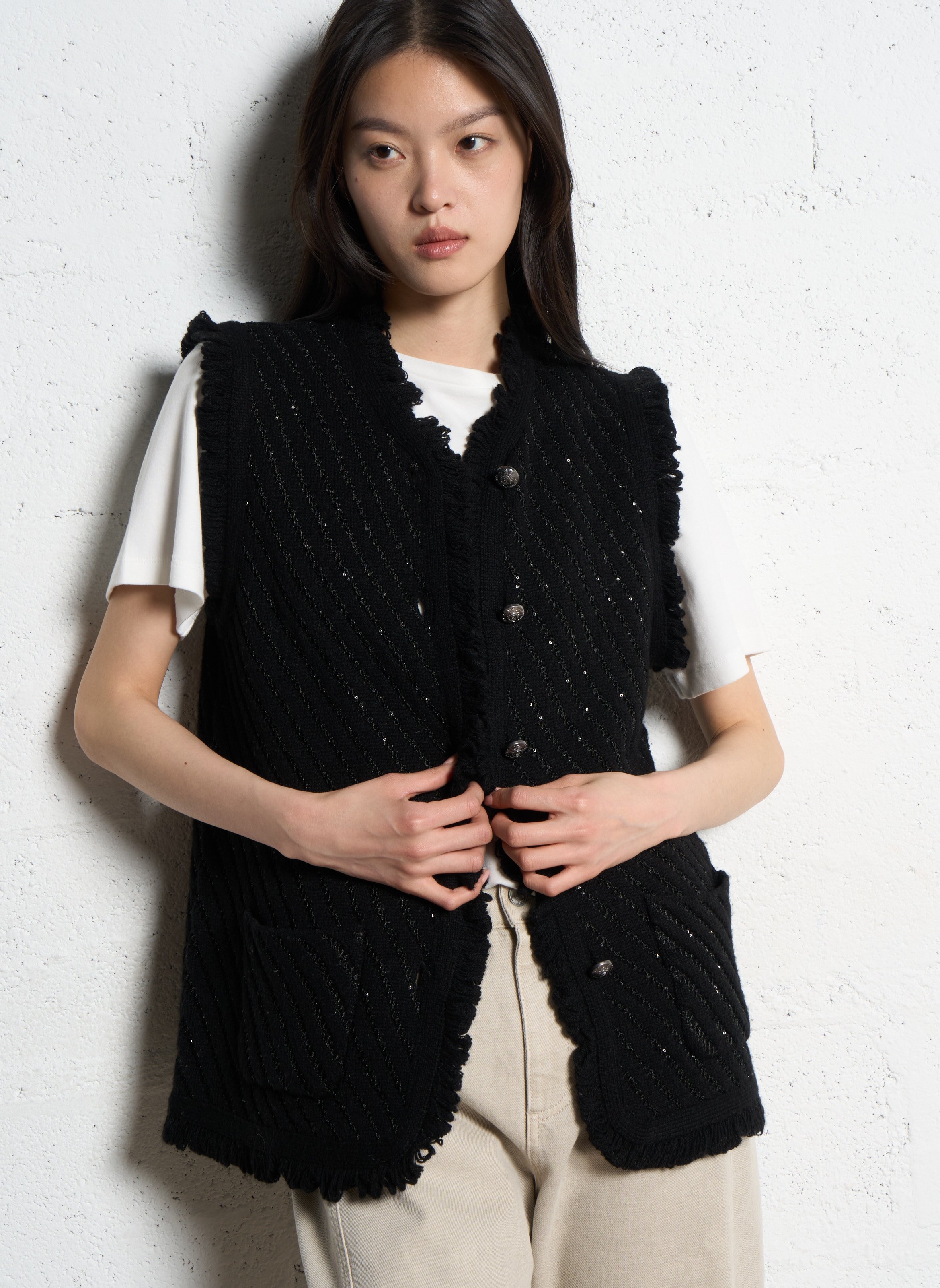 Mouwloos rechte cardigan met pailletten IKKS Zwart