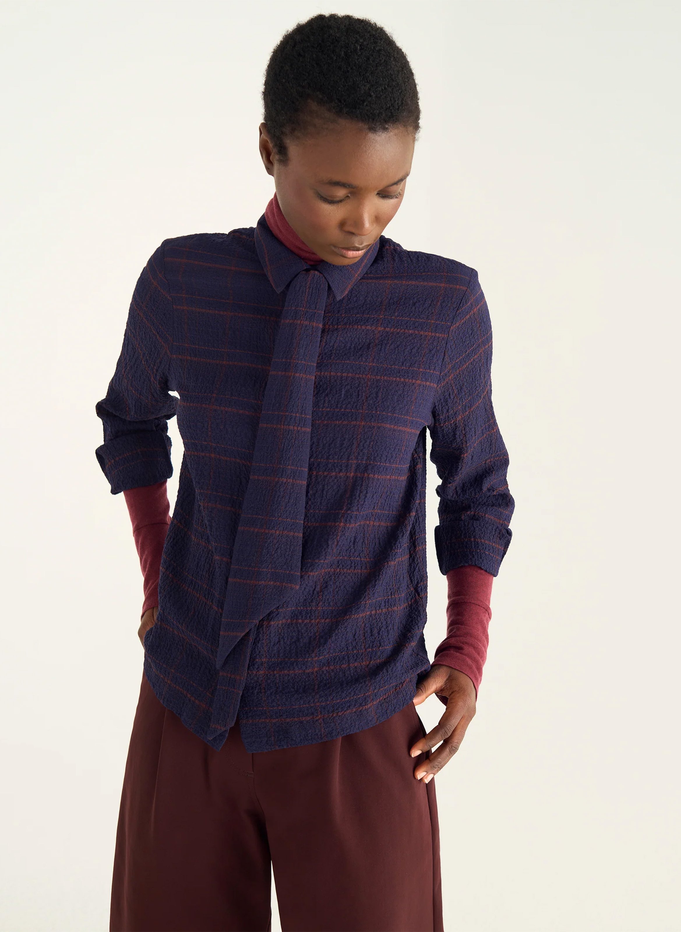 Rechte, geruite blouse met klassieke kraag COTELAC Blauw