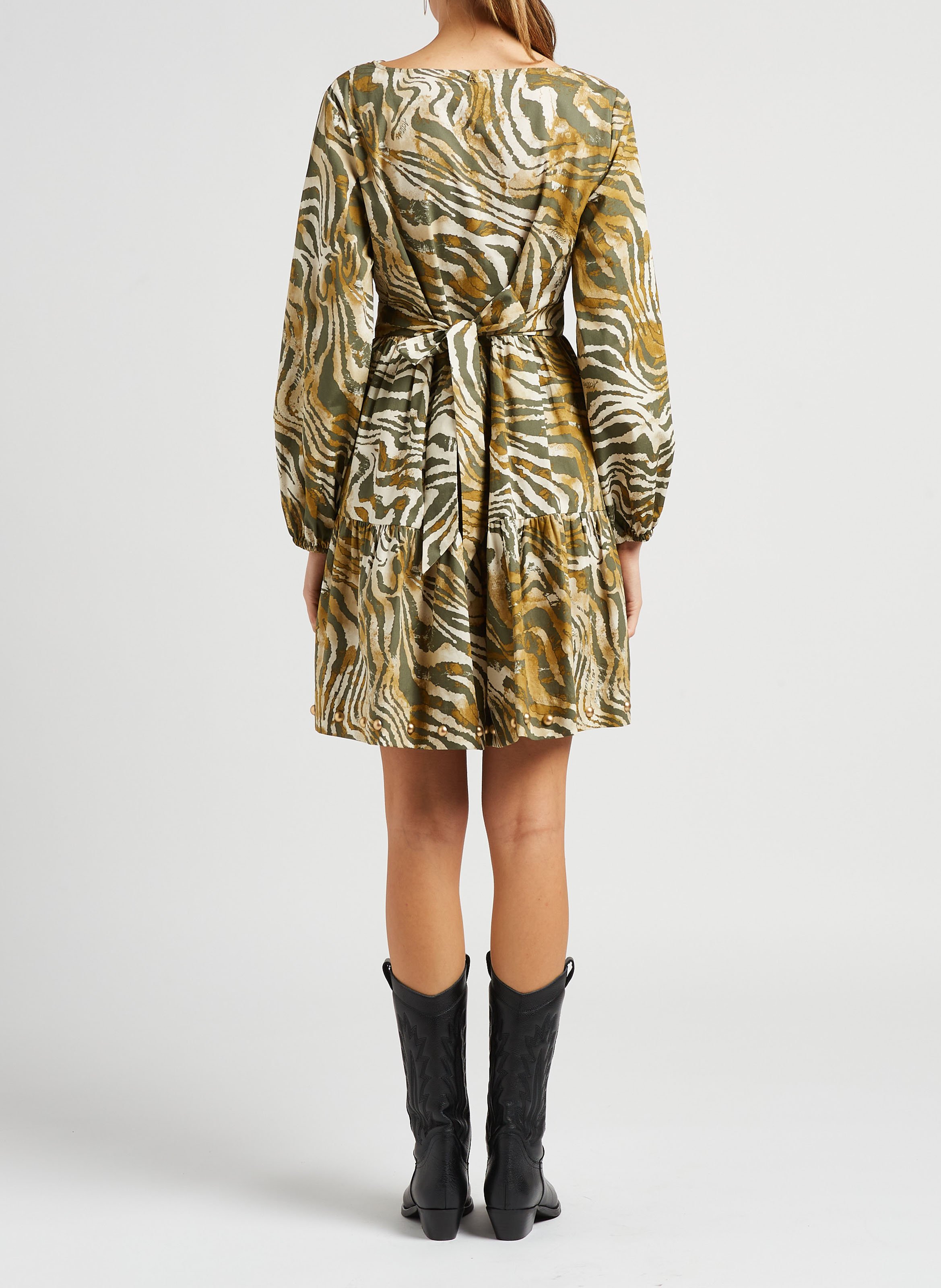 Short cotton dress with animal print Khaki