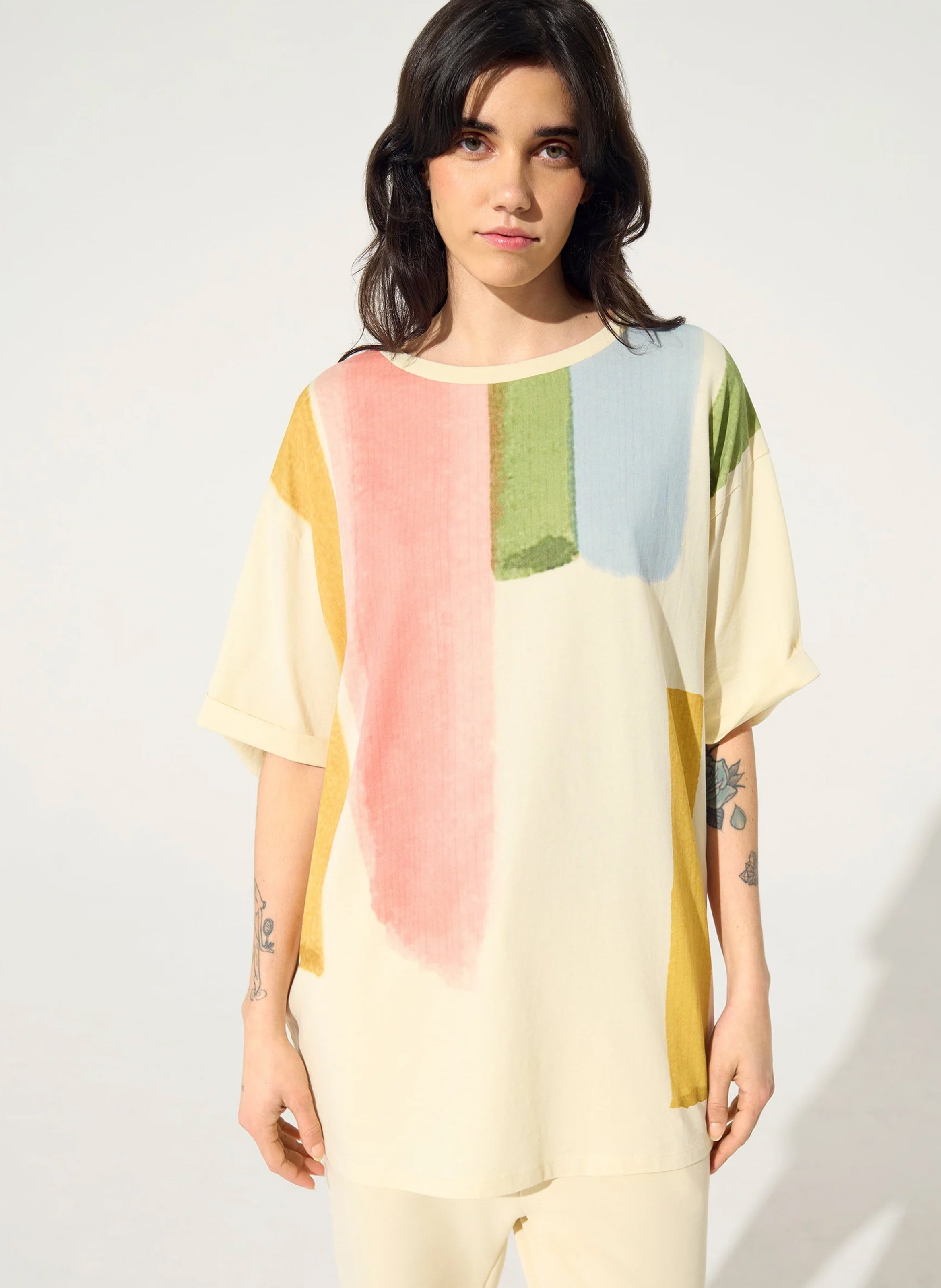 Tee-shirt long imprimé en coton bio ACOTE Blanc