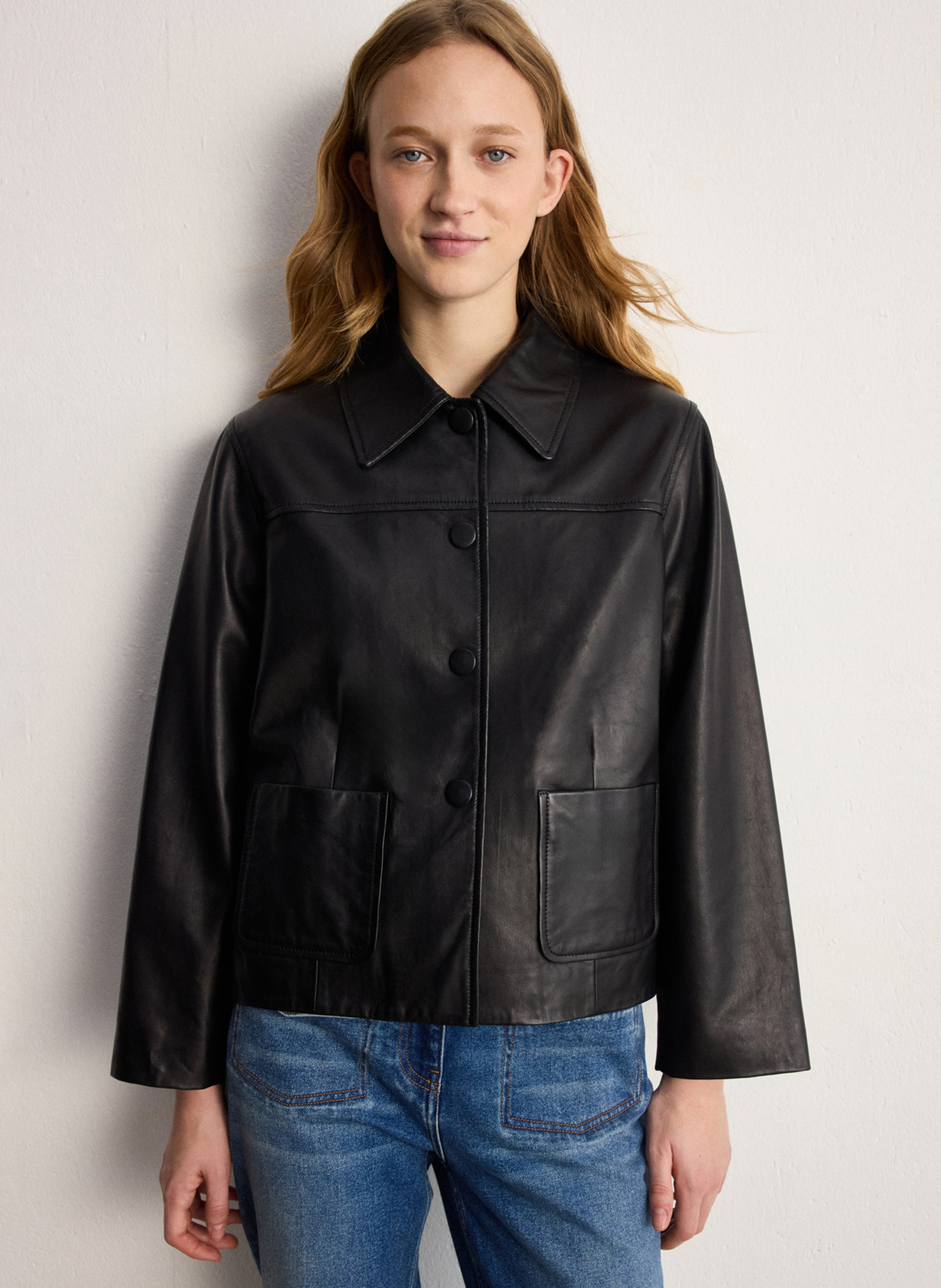 Straight leather jacket with classic collar PABLO Black