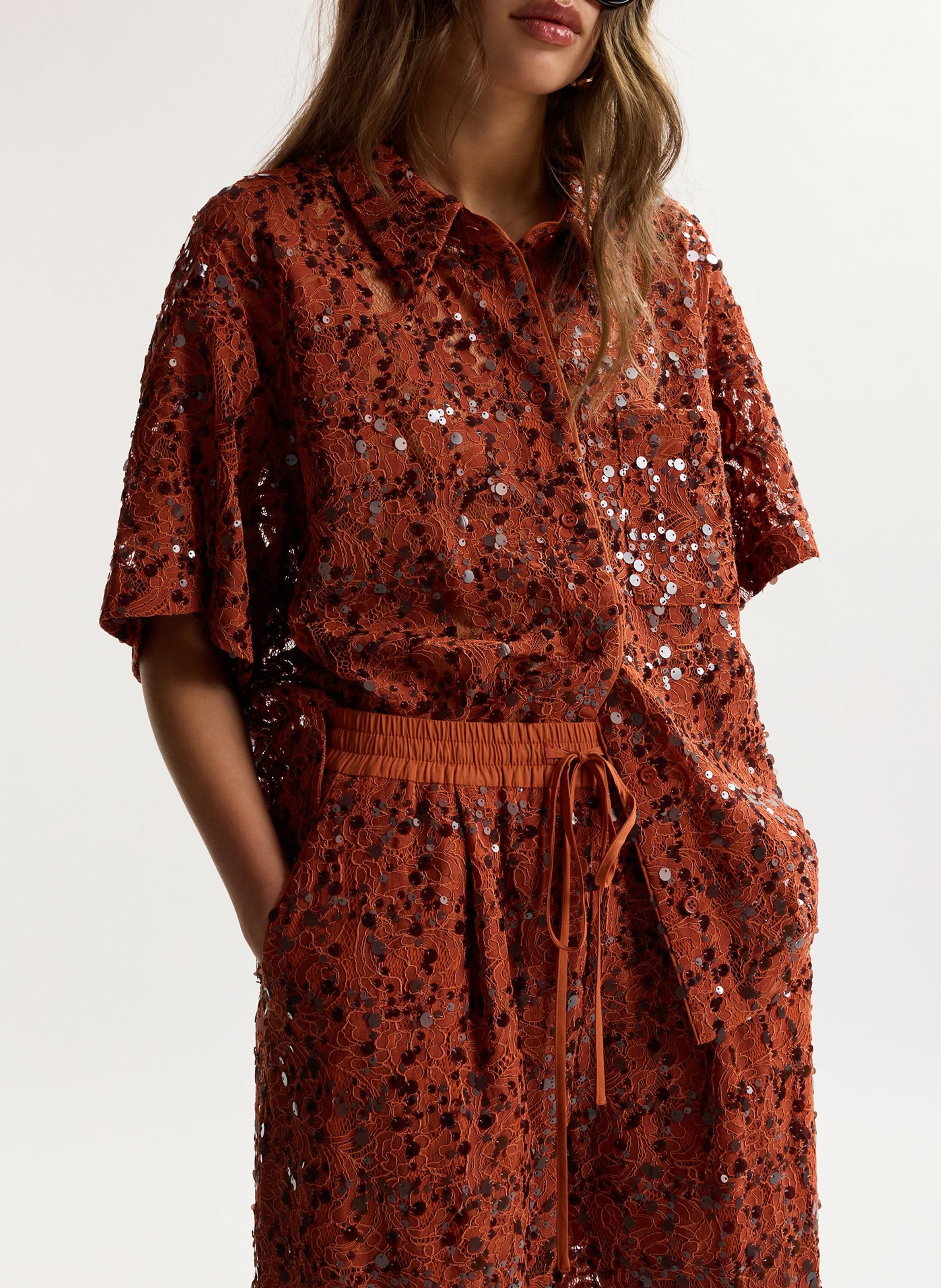 Kurzarm-Paillettenhemd ESSENTIEL ANTWERP Rot