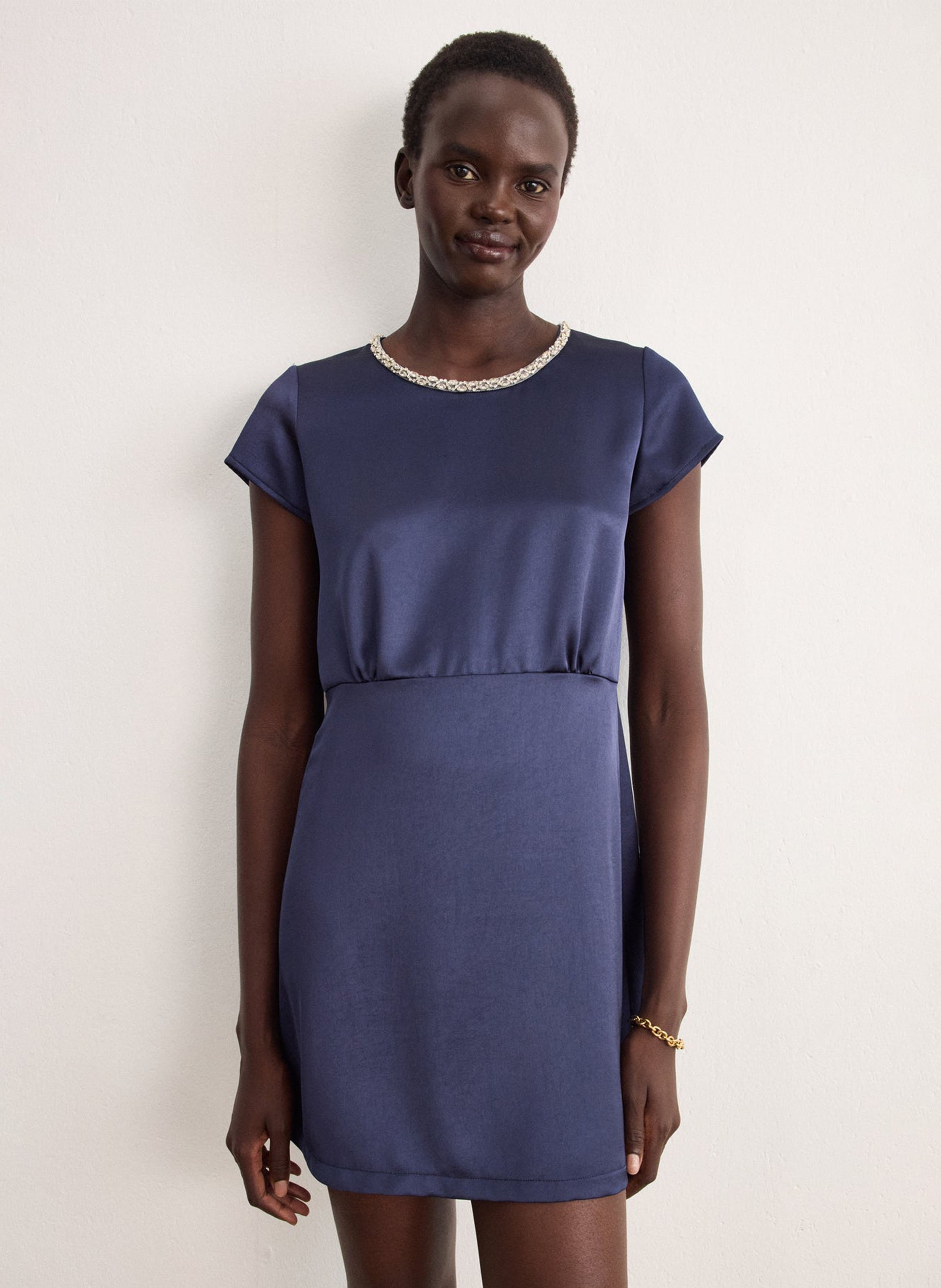 Short dress with rhinestone collar in satin PABLO