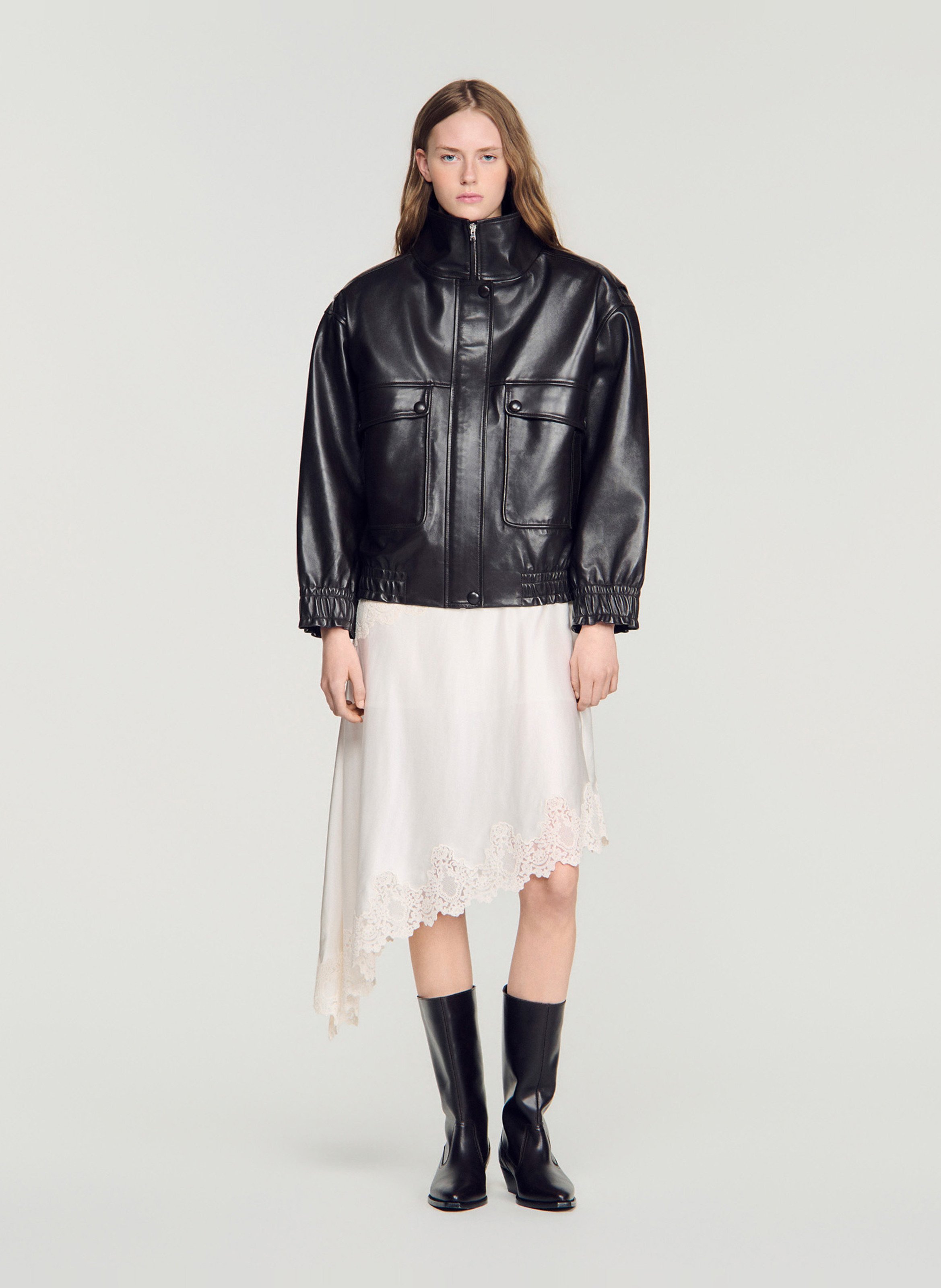 Leather jacket with stand-up collar SANDRO Brown
