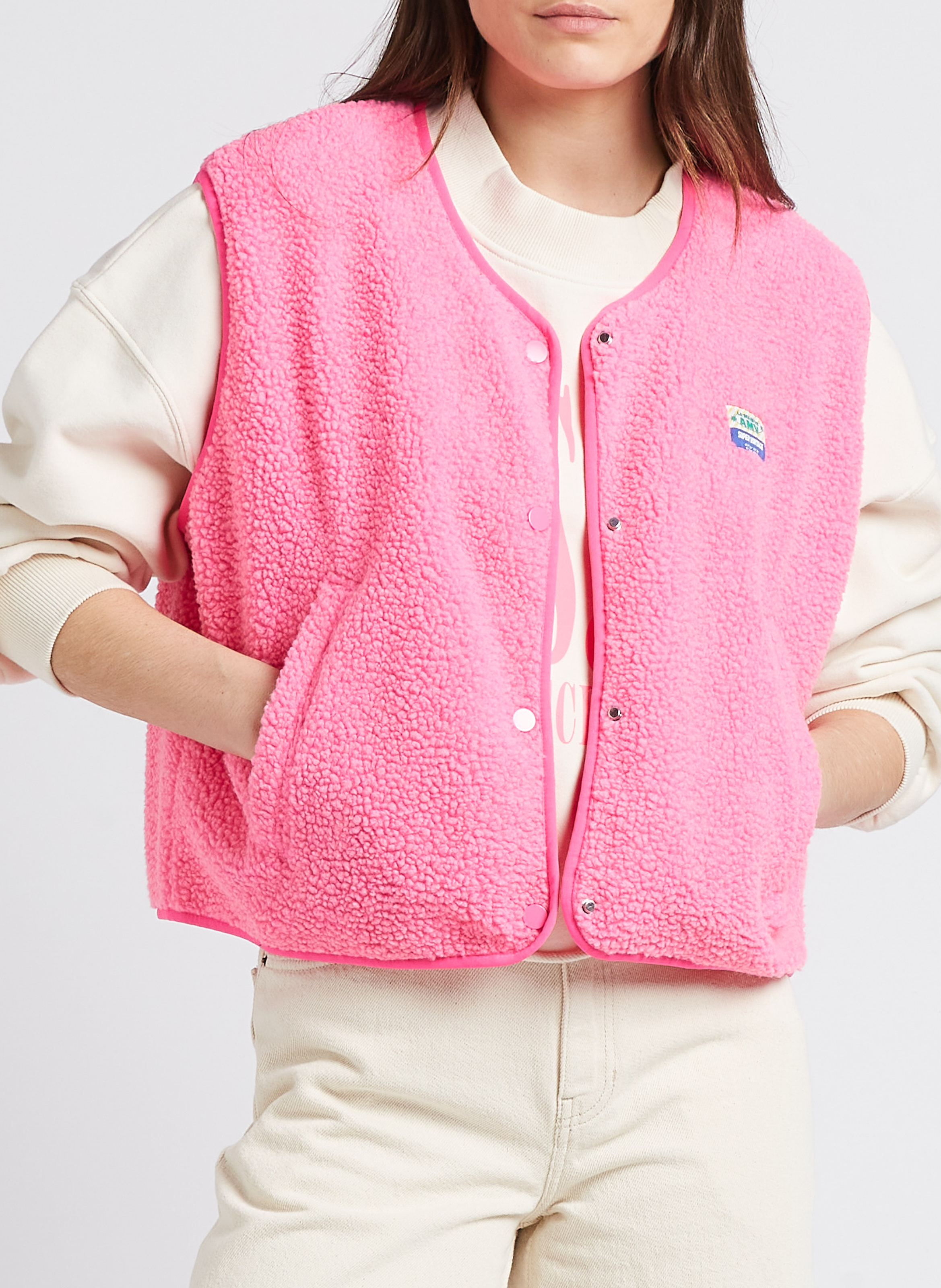 Round-neck fleecy sleeveless cardigan AMERICAN VINTAGE Pink