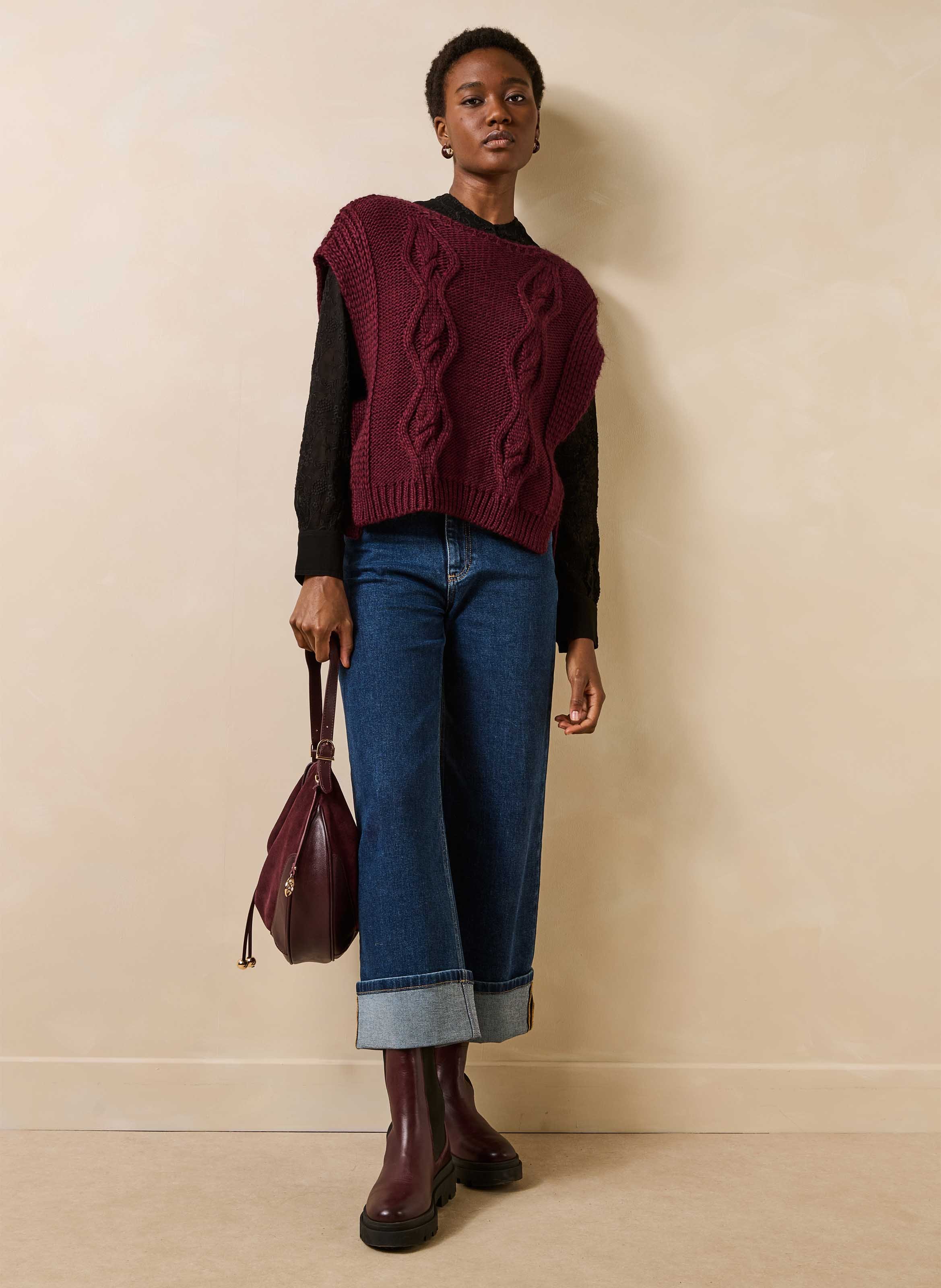 Pull sans manches ample en maille torsade LA FEE MARABOUTEE Violet