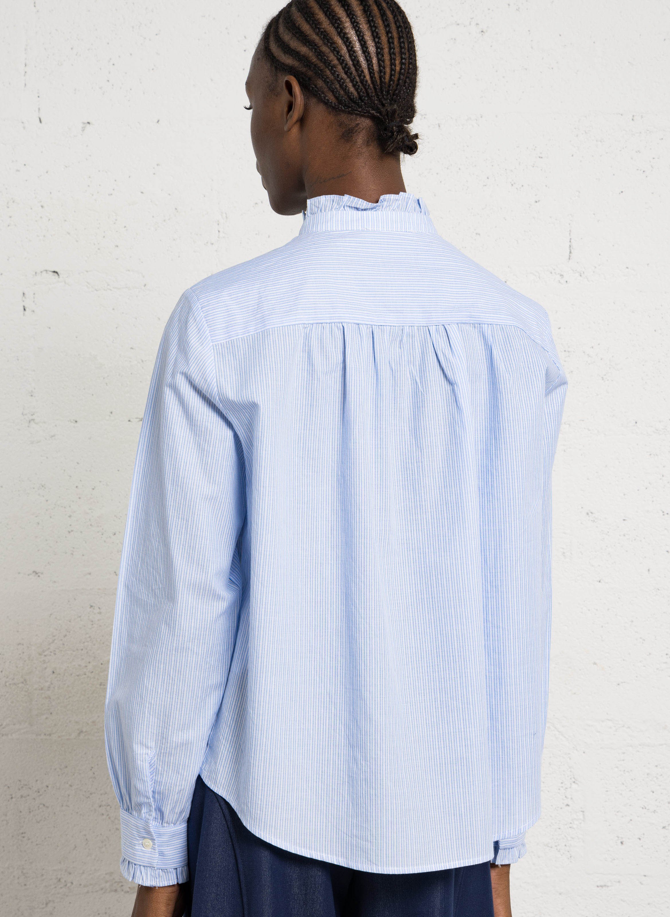 Rechte, gestreepte, katoenen blouse met klassieke kraag JC SOPHIE Blauw