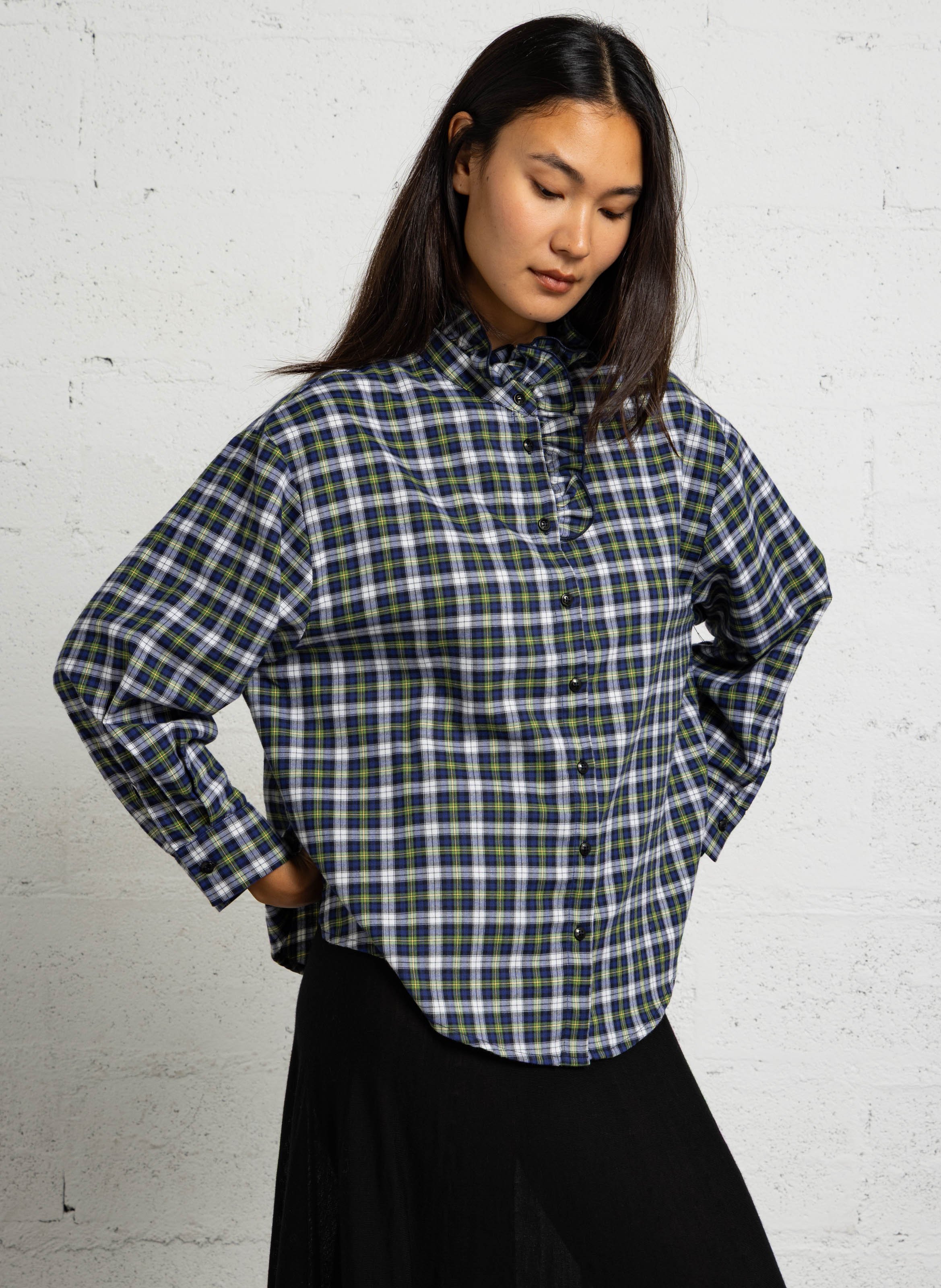 Checked cotton Victorian collar straight top SUZIE WINKLE Blue