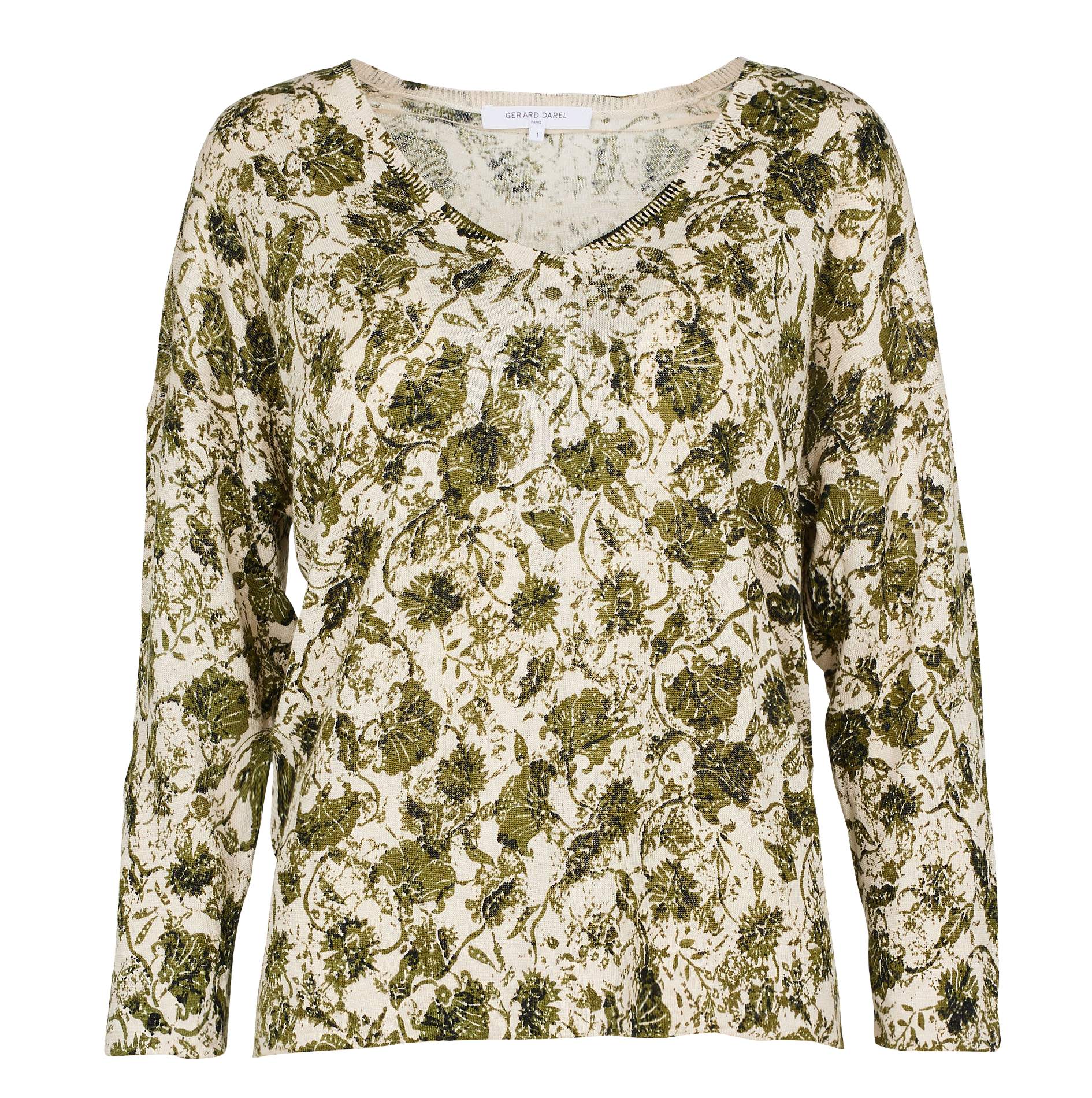 Pull Fin Col V Jacquard En Lin Vert Kaki Gerard Darel - Femme | Place des Tendances